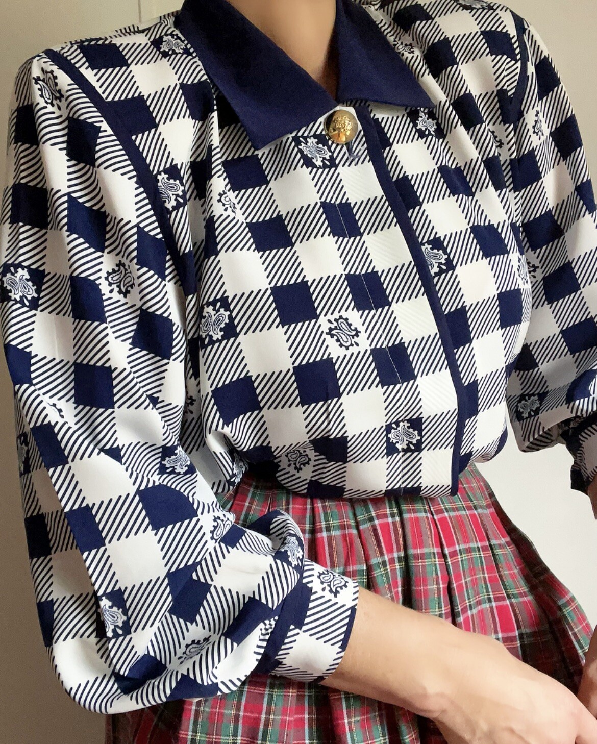 Vintage Blue White Checked Plaid Blouson Blouse Tartan Casual Or Business