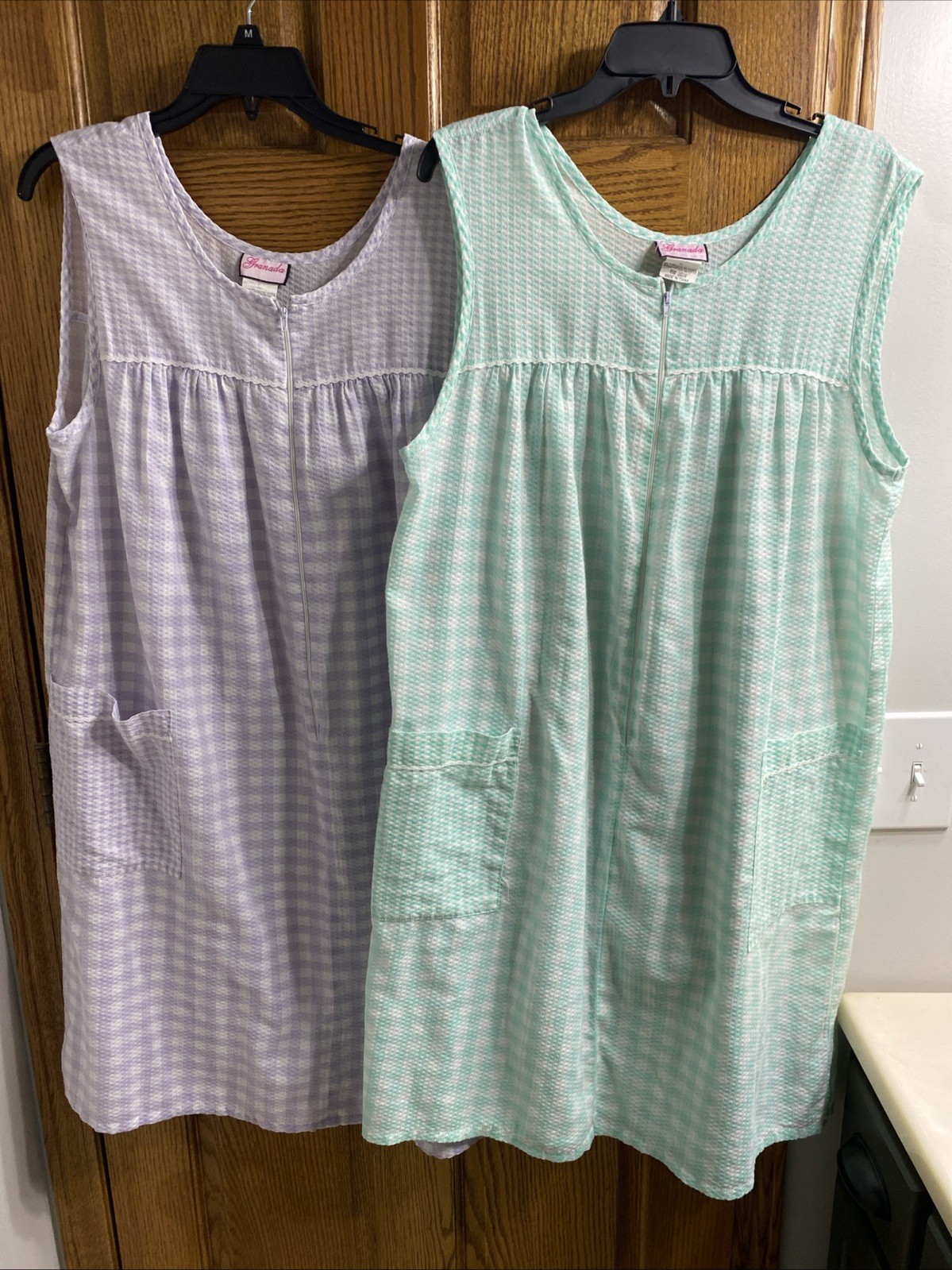 2 Vtg 80s Granada USA Checked Gingham Ric-Rack Trimmed Housedress Pockets Zip