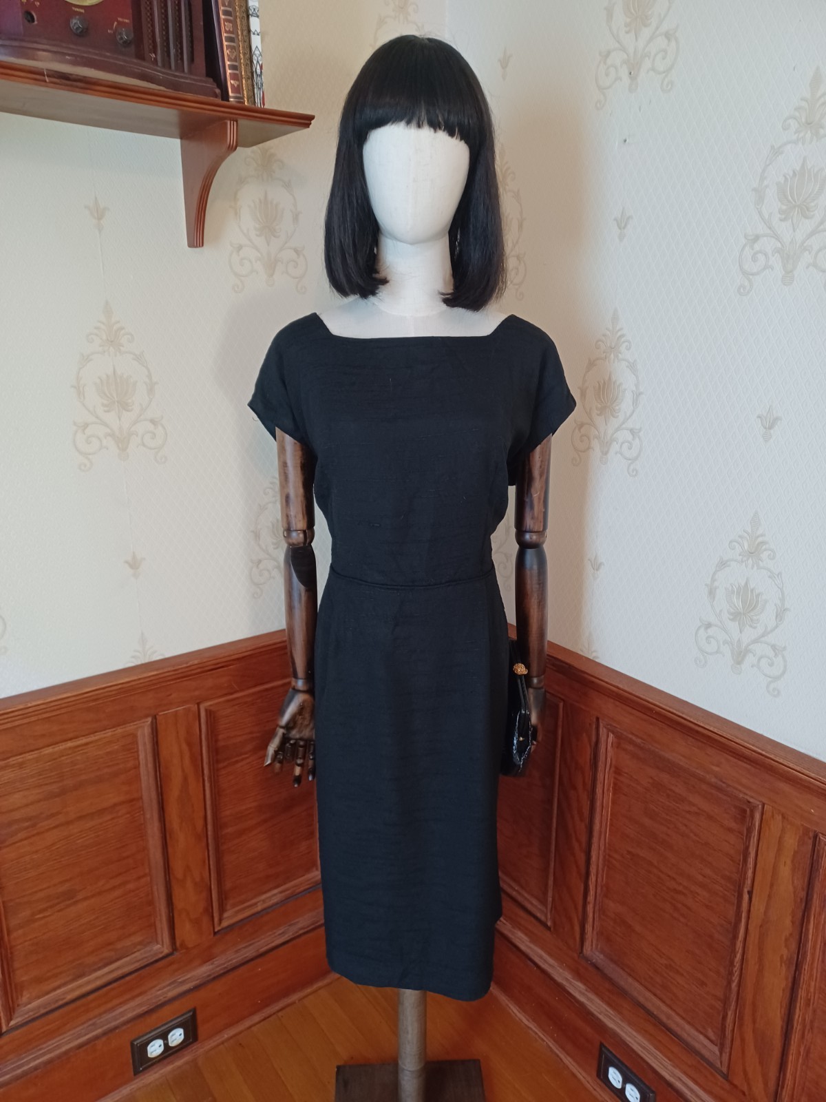 Vintage Mid-century Slubbed Black Cotton Little Black Cocktail Dress, size XL