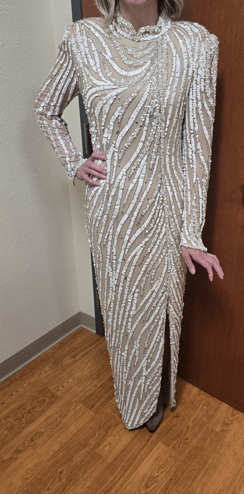 Vintage Showtime 100% Silk Beige Beaded Sequin High Neck Long Sleeve Dress L