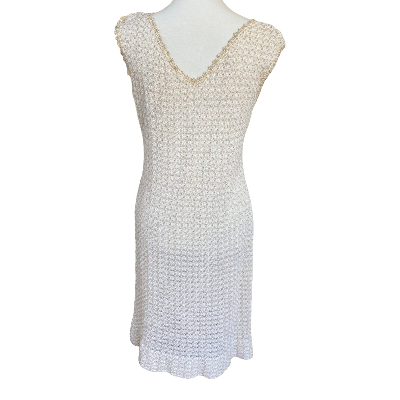 Vintage Crochet Dress Mod 60s 70s Sleeveless Boho Cream Metallic Gold Size Large