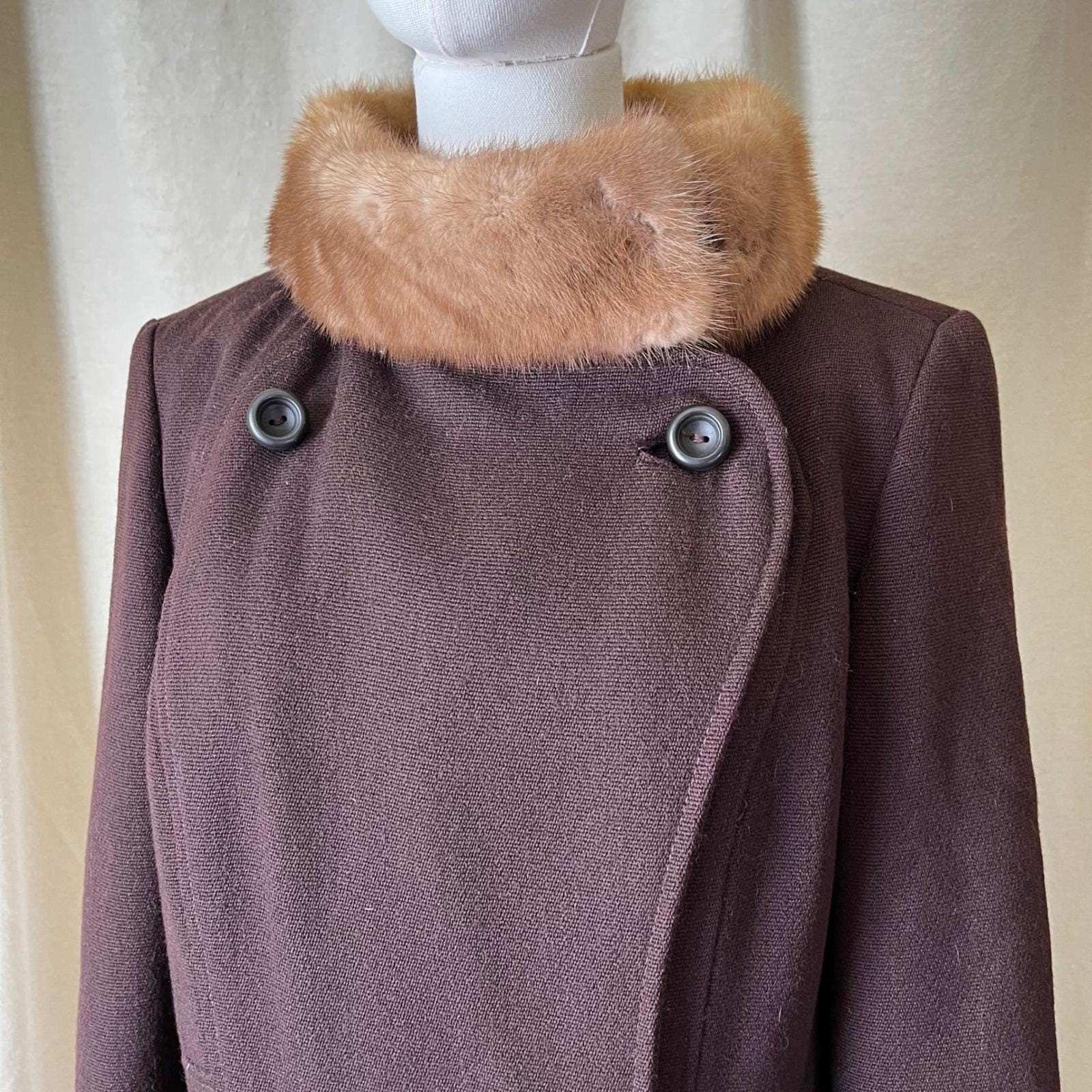 Vintage 60s Brown Wool Princess Coat Mink Fur Collar Long Coat Tall M