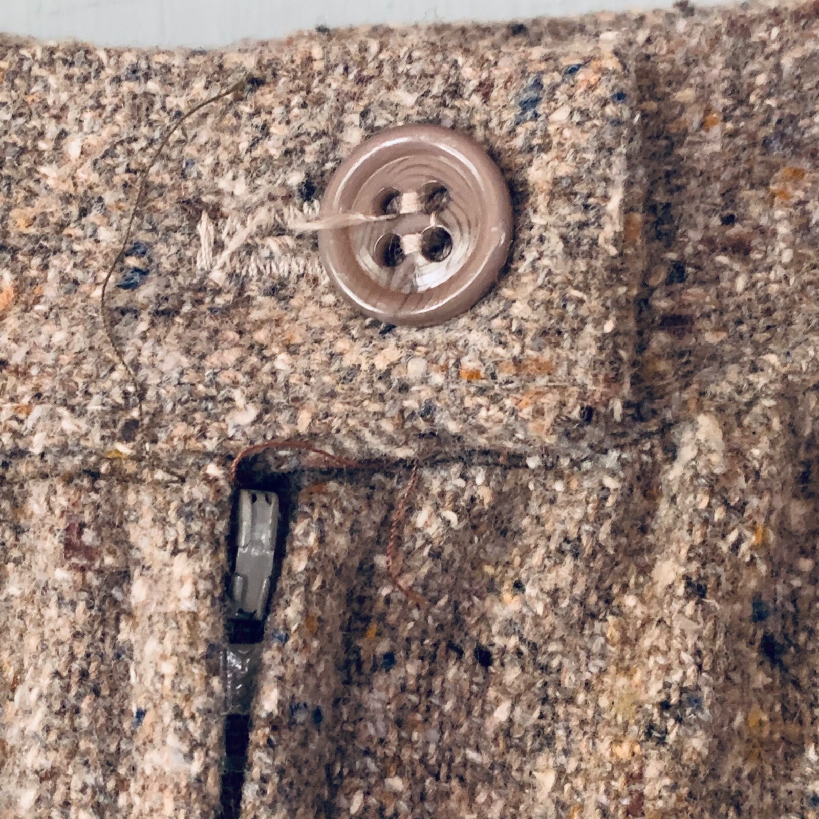 Vintage 70s Tweed Midi Skirt Wool Sz 9 Tan Grey Nubby Woven Academia Double Slit