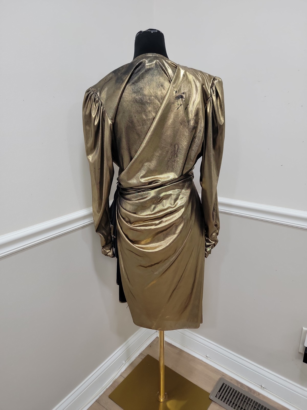 Vintage 80s Filigree Metallic Gold Lamé Ruched Wrap Cocktail Dress Draped Party