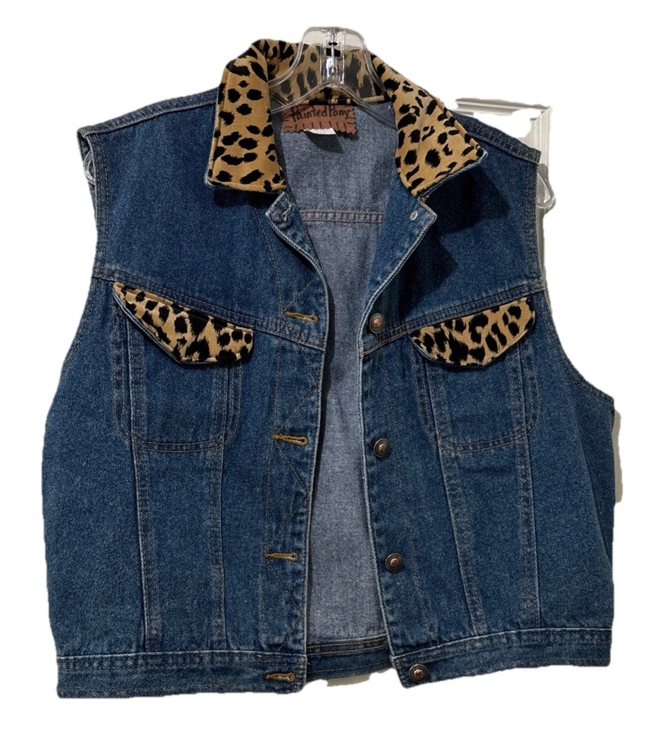 Painted Pony Denim Vest Faux Cheetah Print Size Large Texas Retro Y2K Western