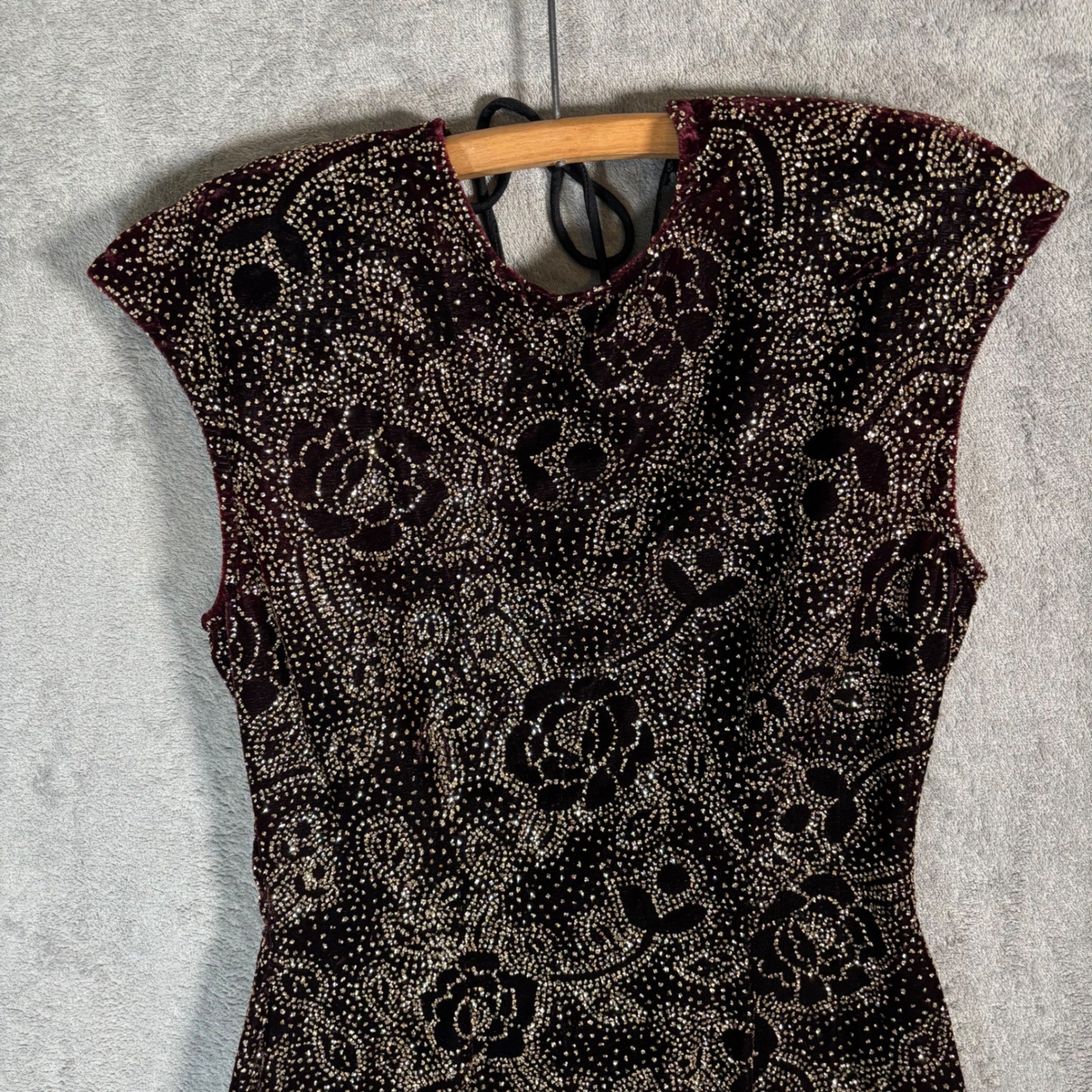 Climax Karen Okada Vintage 90s Open Back Glitter Floral Bodycon Dress Burgundy S