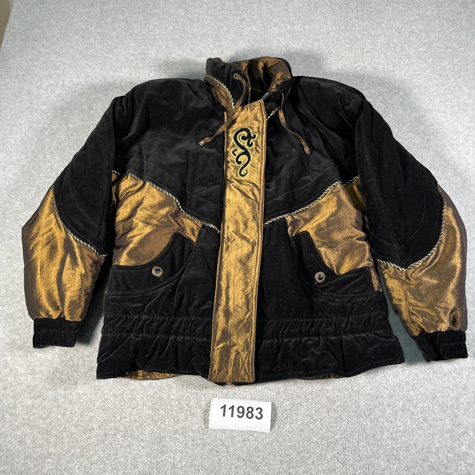 Vintage 80s Karizma East Jacket Womens Medium Black Gold Cotton Velvet Full Zip