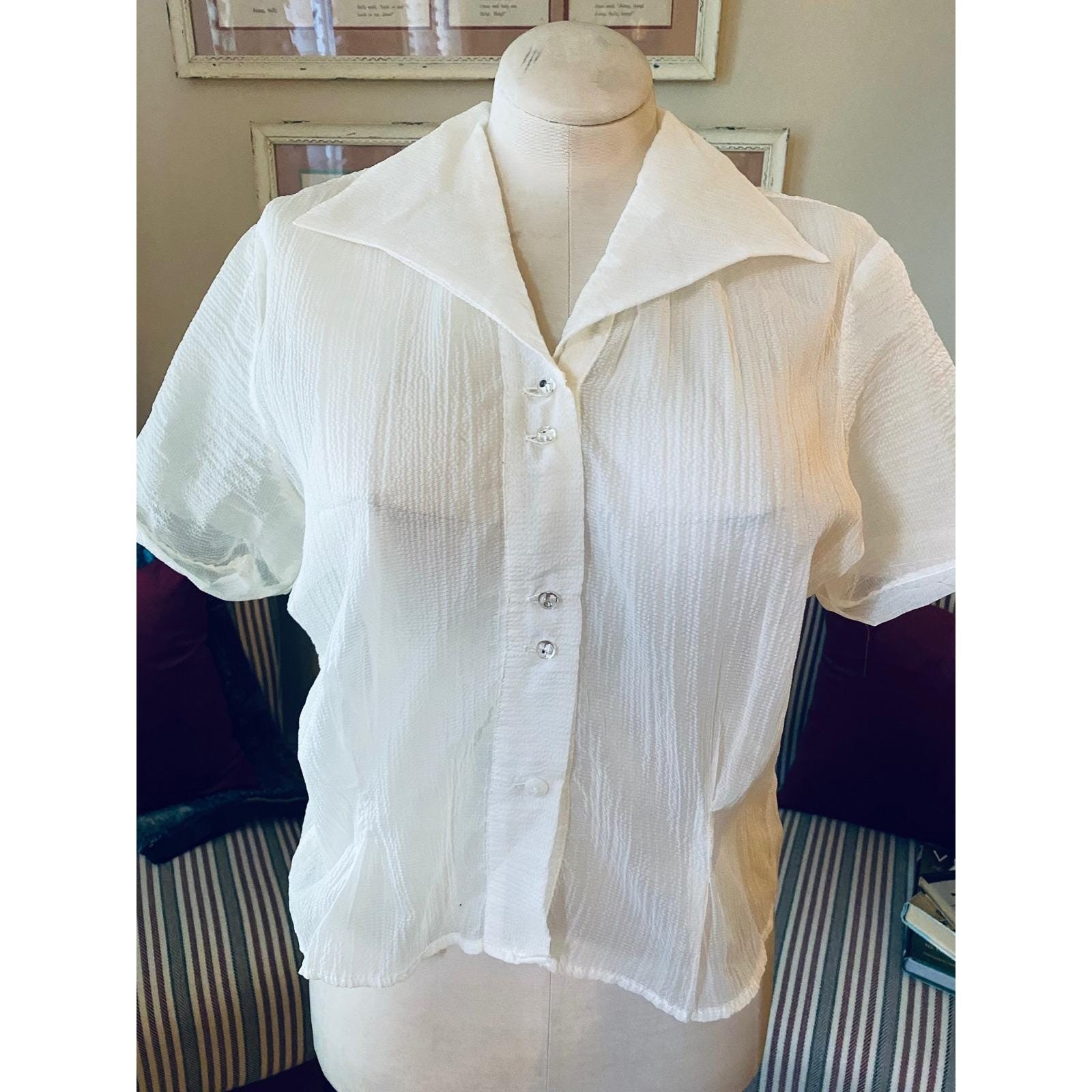 Vtg 50’s White Short Sleeve Blouse Crystal Buttons Retro Rockabilly Sz XL