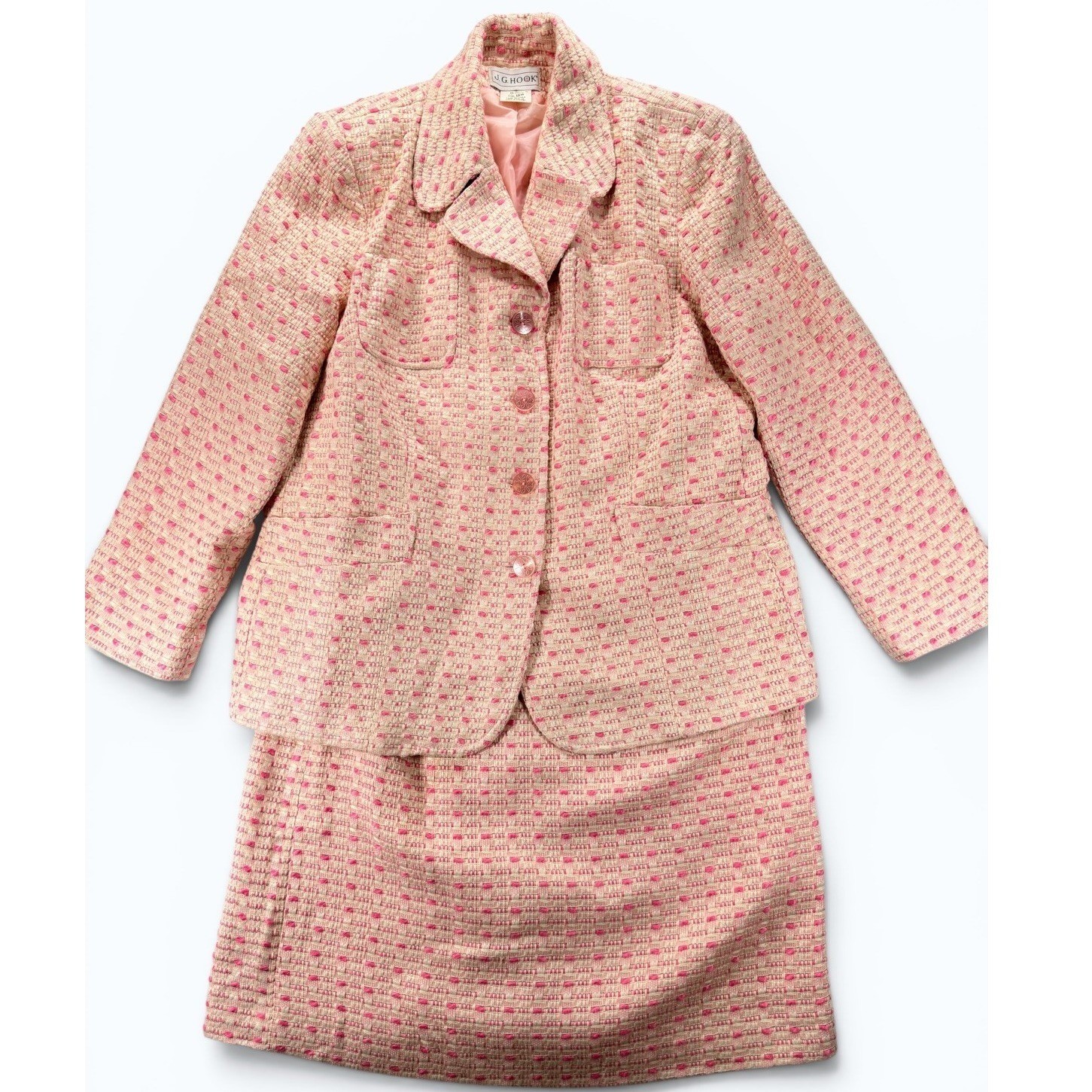 Vintage J.G. Hook Pink Bouclé Tweed Skirt Suit 2 Pc Women’s 16W