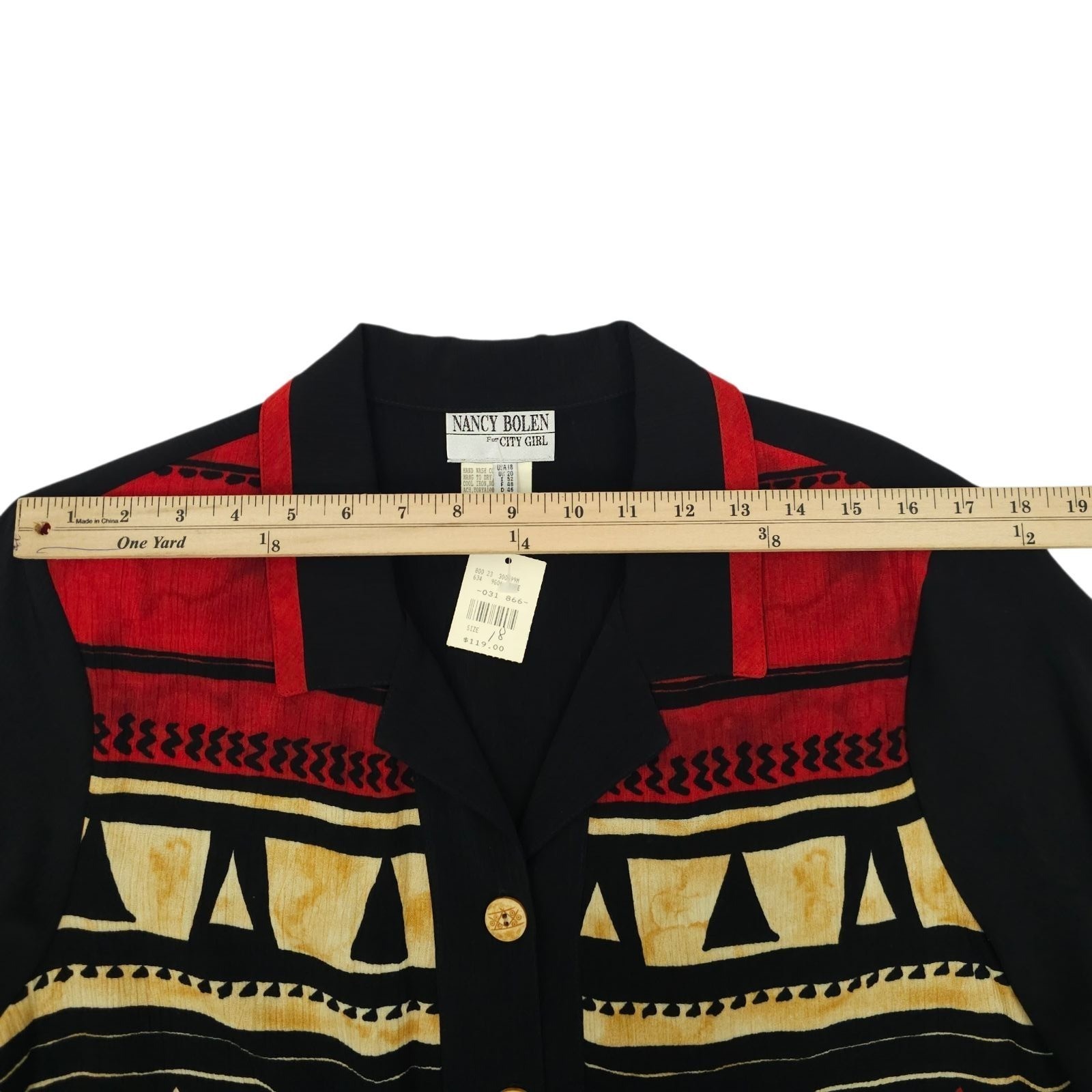 Nancy Bolen City Girl Shirt 18 Geo Vintage 90s Tribal Print Etched Buttons NOS