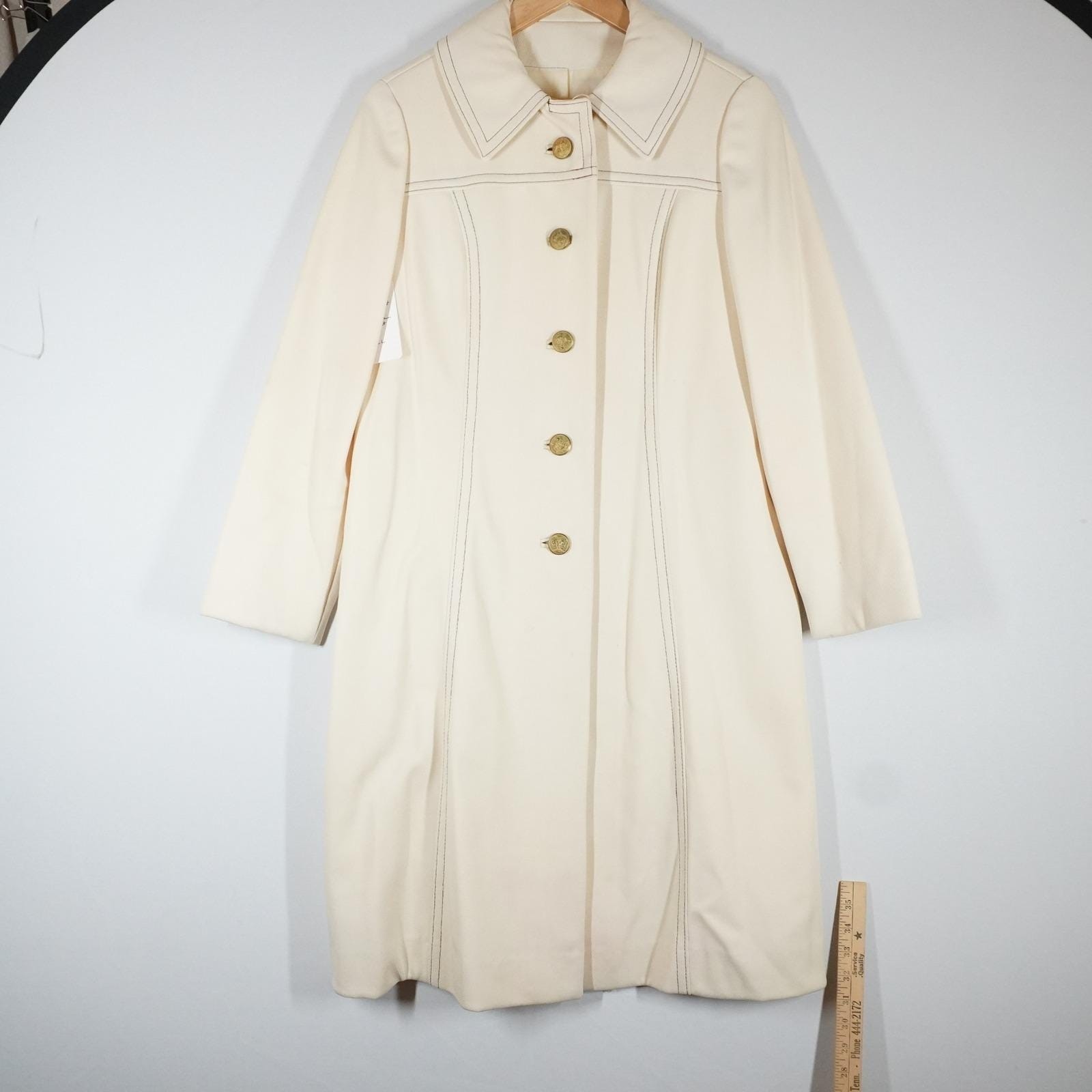 VTG Betty Rose Long Coat Womens Small Cream 60s Mod Contrast Stitch Jackie O