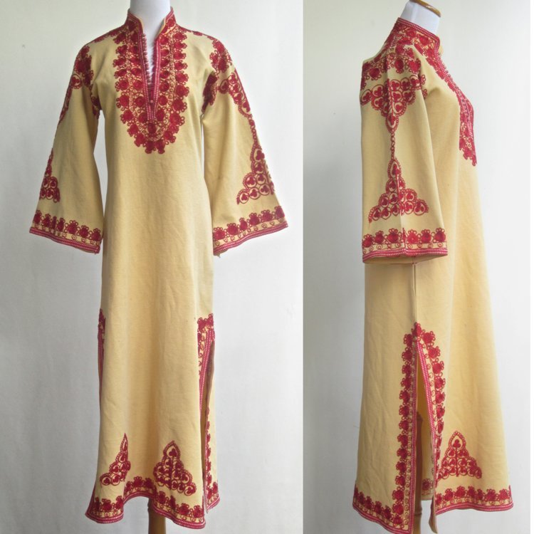 RARE Vtg 60s 70s Tribal Hippie Festival Dashiki Dress Heavy Red Embroidery S/M