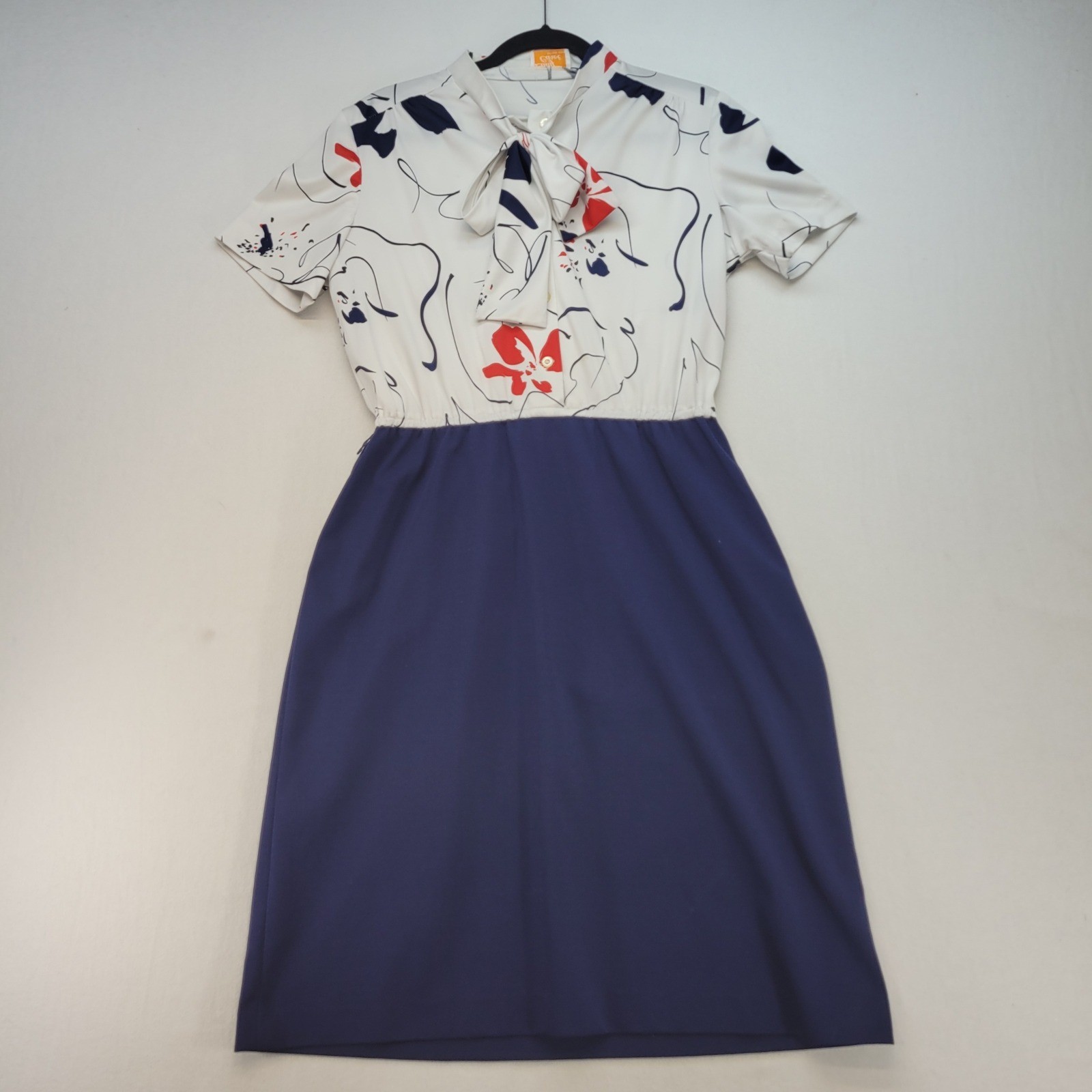 Lady Carol Dress Womens M Blue White Vintage Pussy Bow Floral Midi Short Sleeve