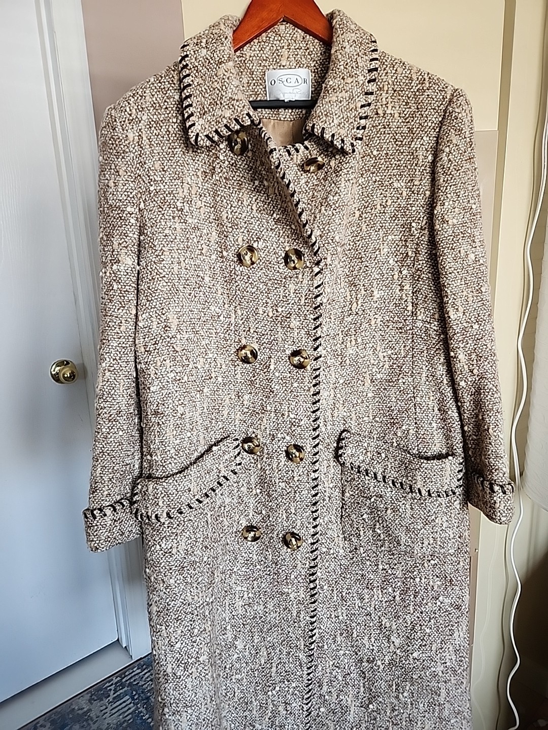 Vintage Oscar de la Renta Wool Tweed Coat Double Breasted Belted Back