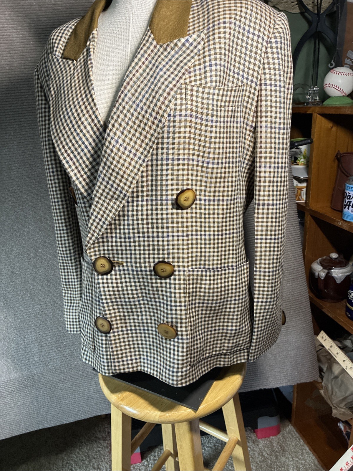 Vintage Harve Benard Double Breasted Blazer in Houndstooth Checked Brown And Blu