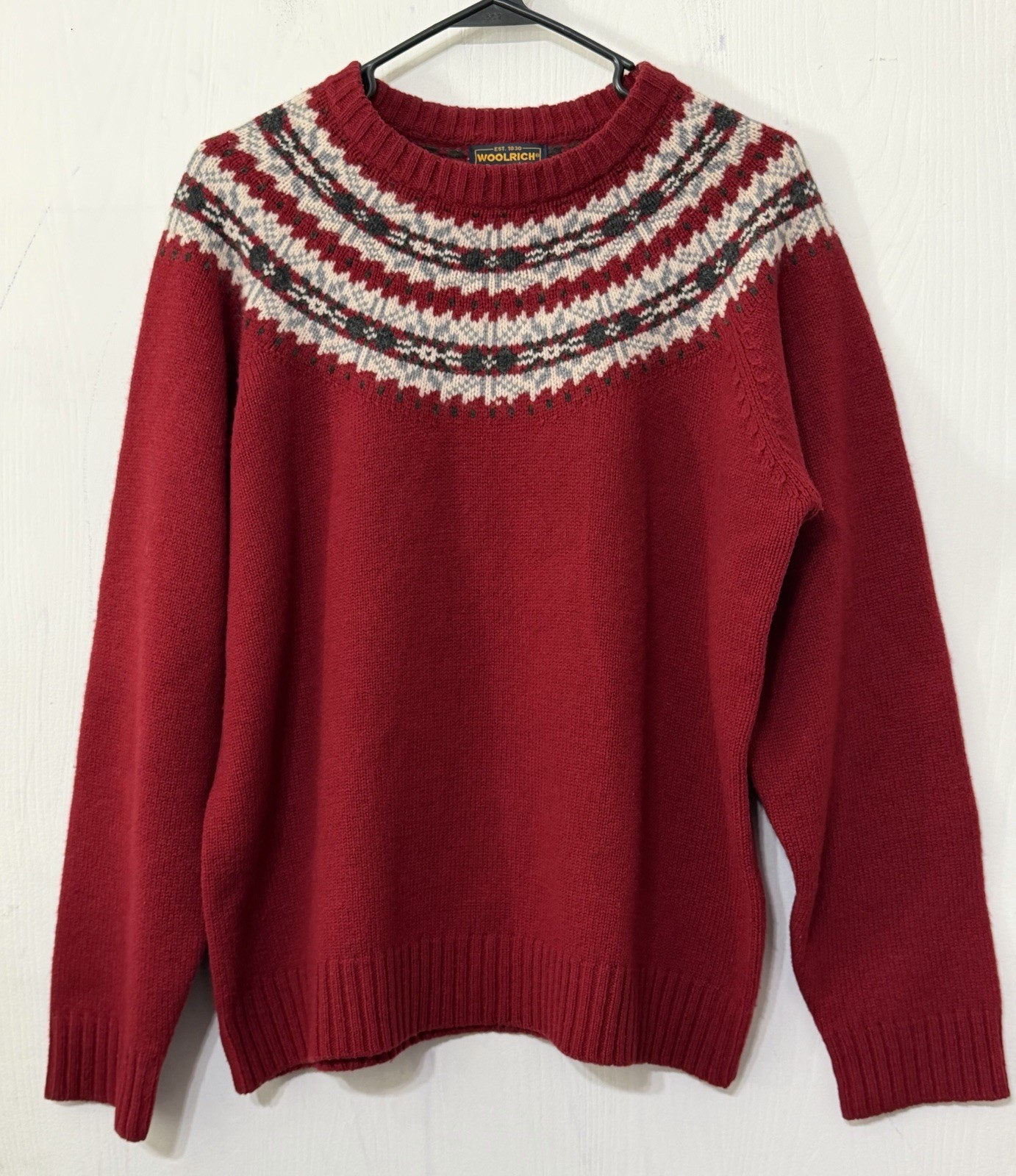 Vintage Woolrich Fair Isle Ruby Red Knit Sweater 100% Lambs Wool Size XL