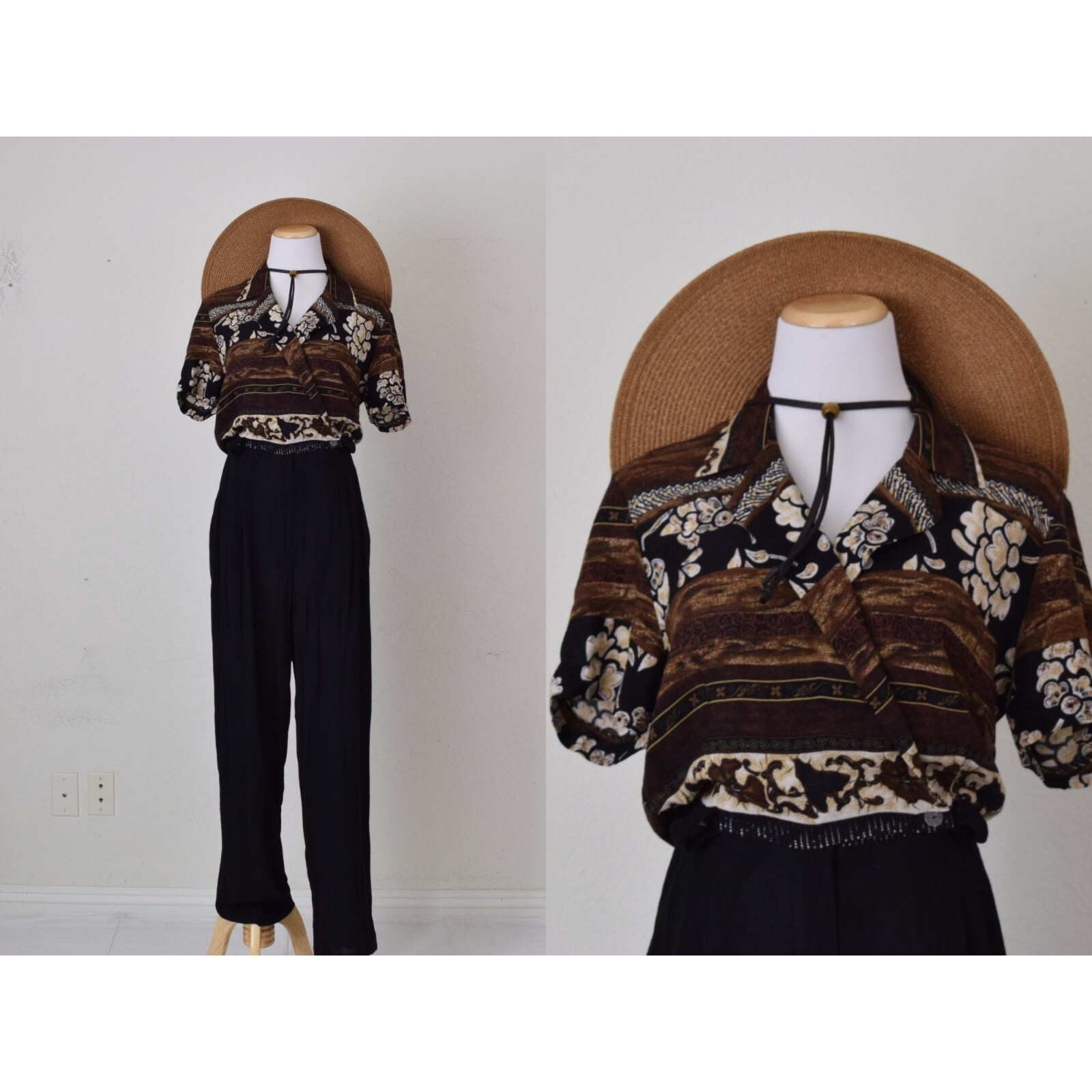 Vintage 90s Black/Brown Rayon Jumpsuit/Romper size 10 | 28-30 waist