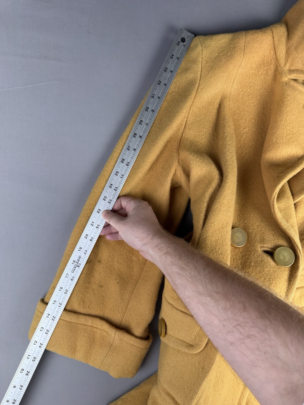 60’s VINTAGE Yellow Wool Double Breasted Women’s Pea Coat Size Medium Half Belt