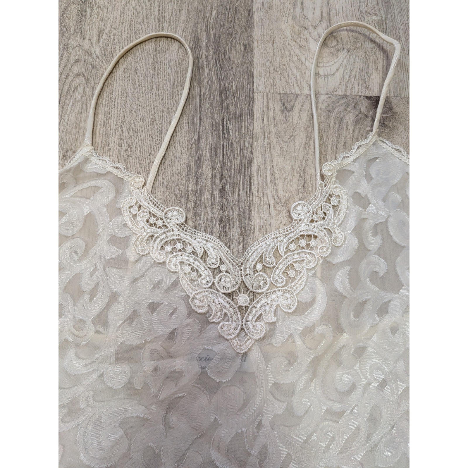1980s Vintage Lucie Ann II Ivory Burnout Scroll Lace Mini Slip Bridal Size Large