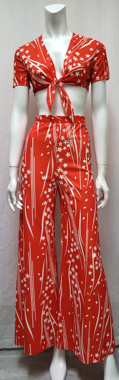 2 Piece Vintage 1960’s PARADE NY Red Floral Top & Wide Leg Pants – Size XS – EUC