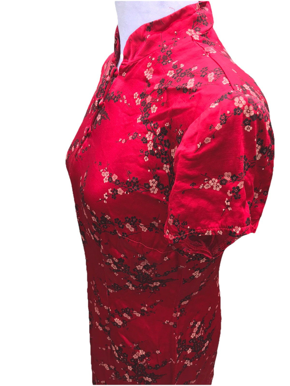 VTG 80s 90s Women’s Red Satin Form Fit Dress Geisha Asian Cherry Blossom 9 M