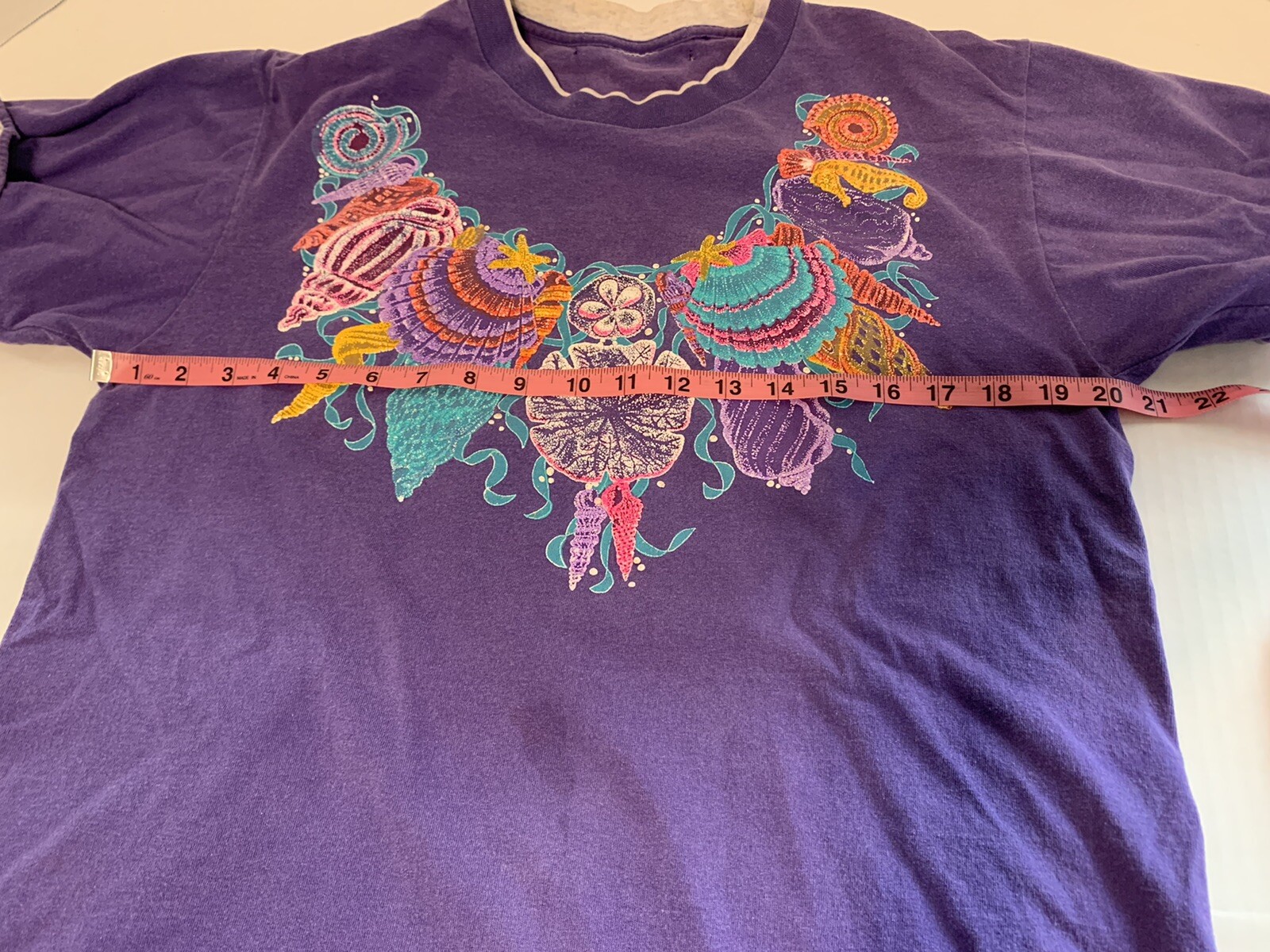 Vtg 90s Panama Jack Granny TShirt L ? Purple Shells Glittery Distressed Sea