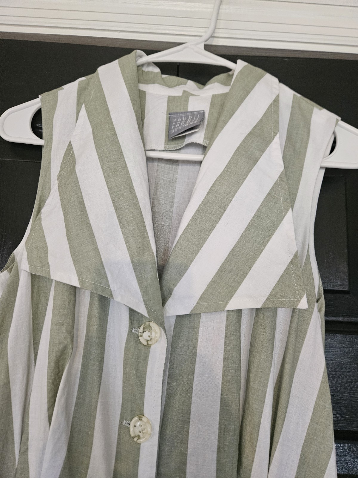 Vintage Rabbit Designs Striped 100% Cotton Green And White Collared Dress Sz 10