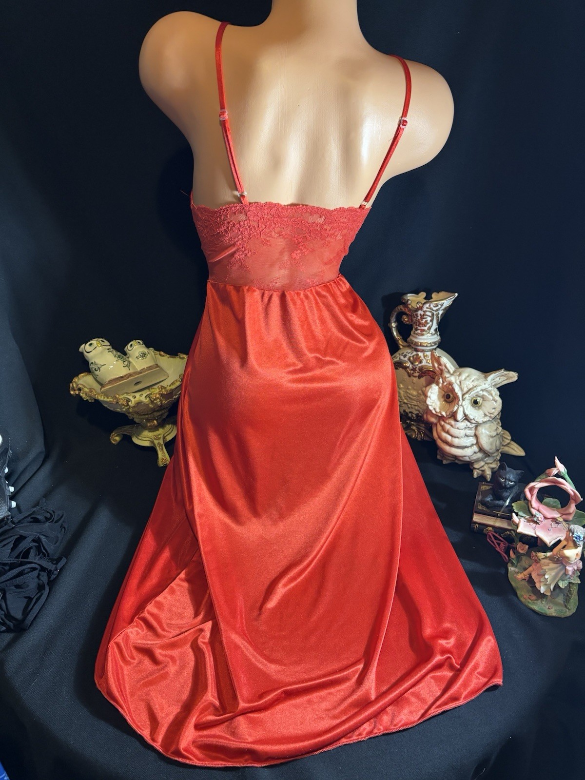 Vtg Silky High Slit Nightie Shiny W Sheer Wide Frilly Chantilly Lace Nightgown