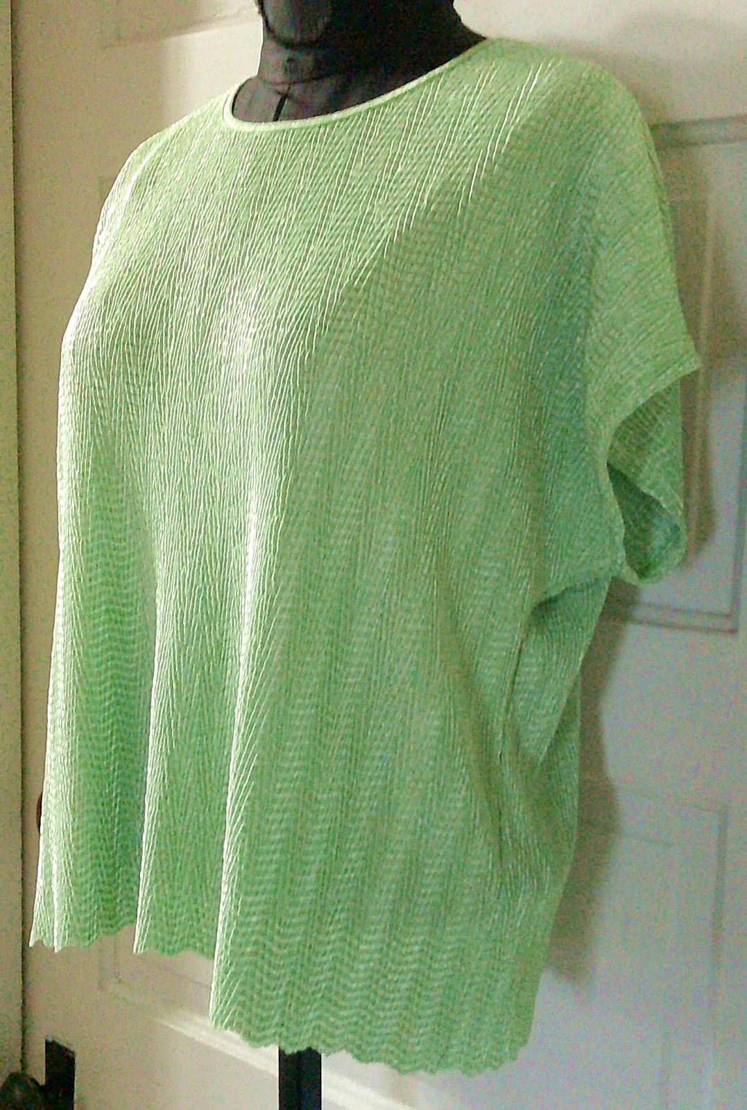 ’80’s LANA LEE SS Lime Green Shiny Crinkle Cap Sleeve Shirt Top Blouse XL