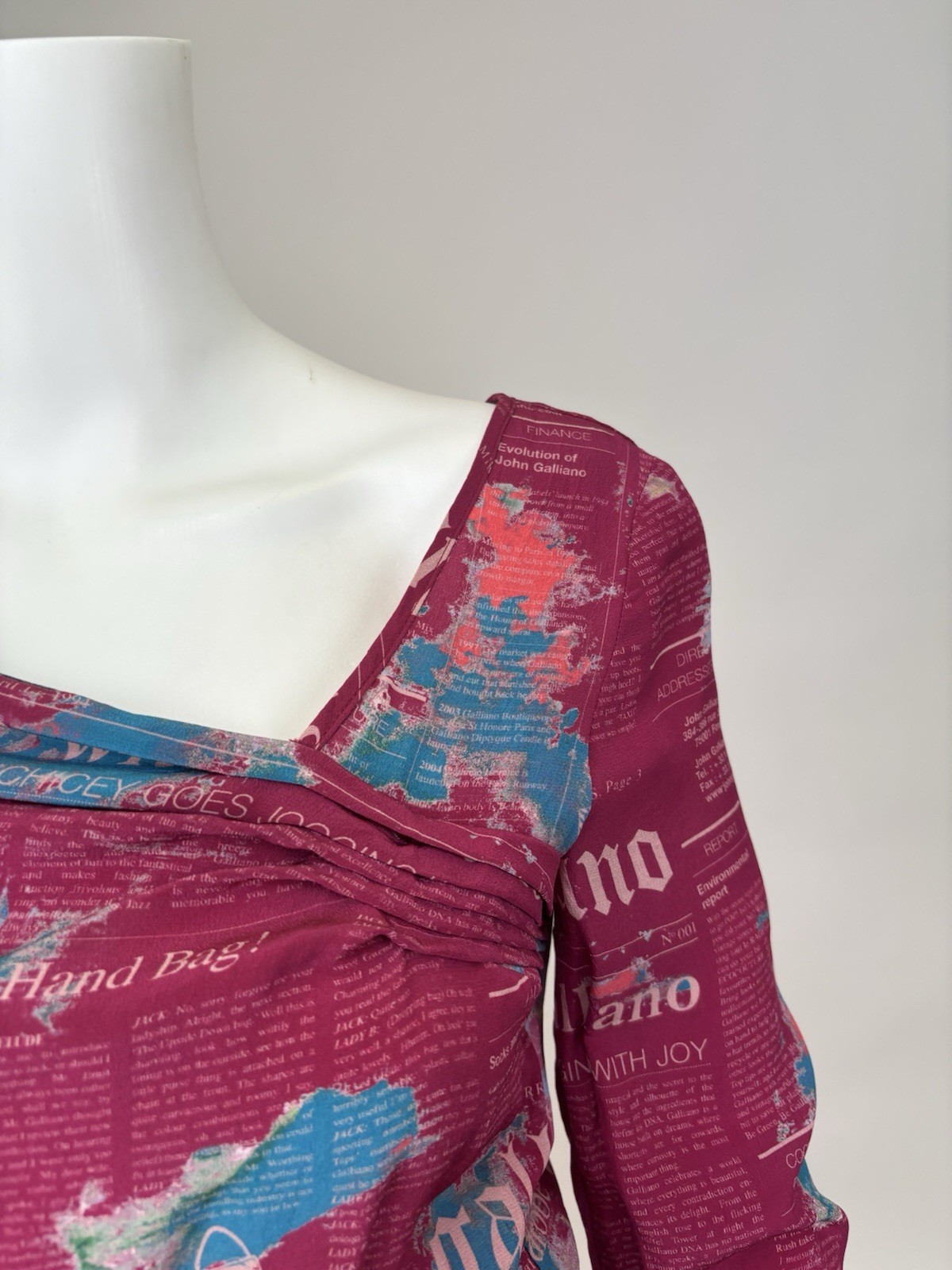 Vintage Rare Galliano Pink and Blue Newsprint Long sleeve Dress Sheer 100% Silk