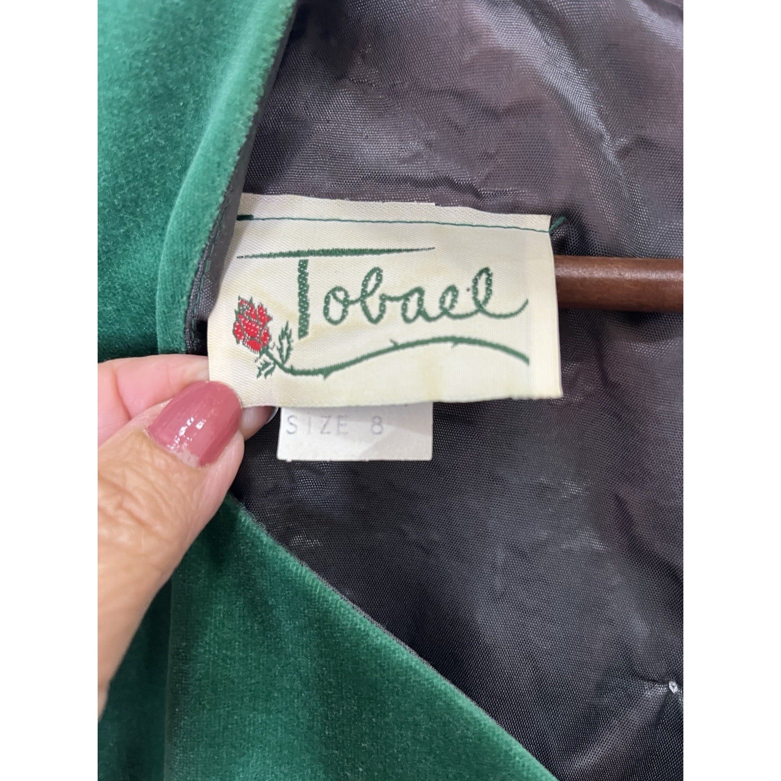 Tobael Vintage Dress Women Size 8 Green Good Velvet Metallic Puffed Sleeve 8464