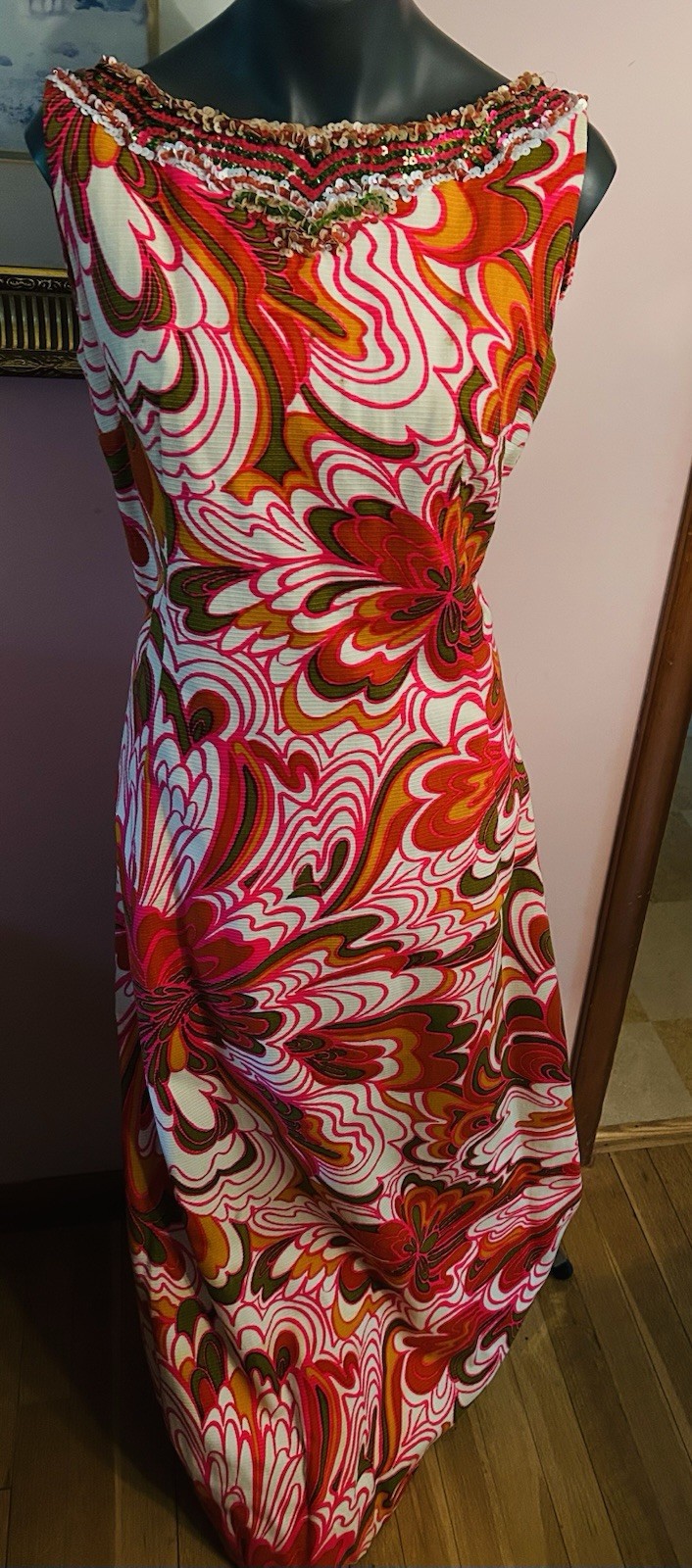 Vintage Cameo Psychedelic Maxi Dress 10 Orange White Pink Cotton Sequins Trim