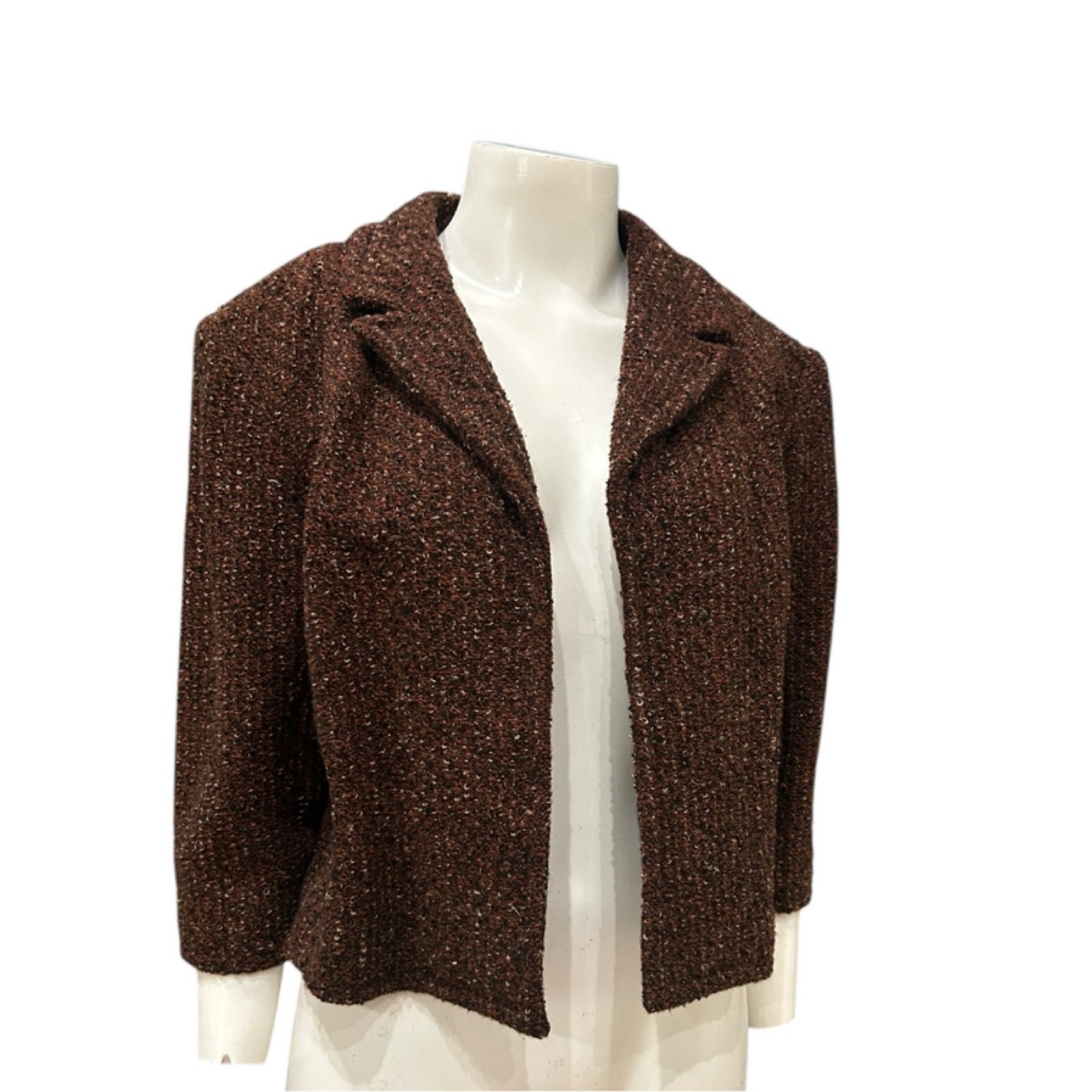 Vintage 50s Boucle Tweed Cropped Jacket Brown Open Front Blazer / medium ^
