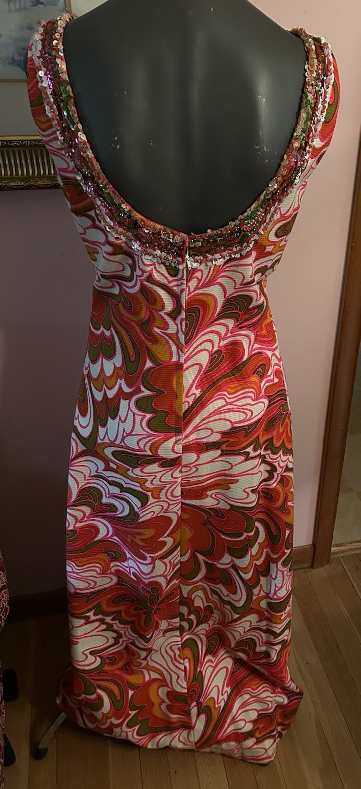 Vintage Cameo Psychedelic Maxi Dress 10 Orange White Pink Cotton Sequins Trim