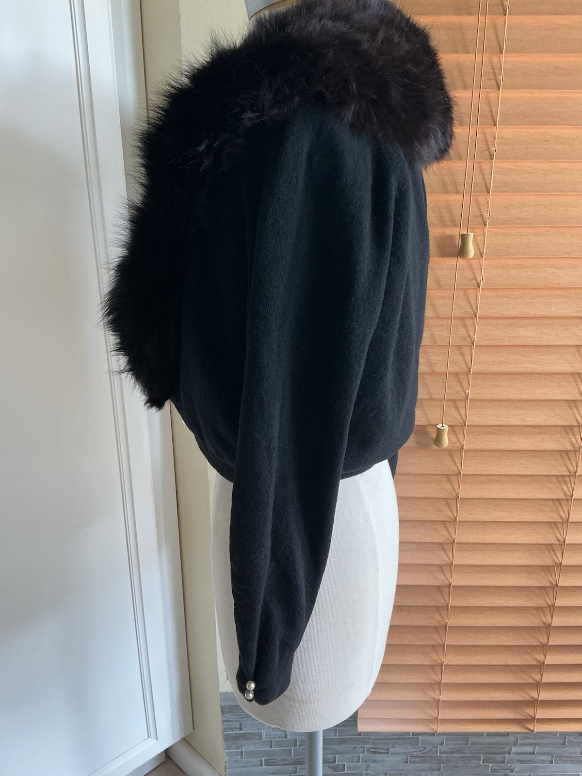 Vtg 50s Bonnie Briar Angora Wool Black Cardigan , Genuine Fur Stole Collar S