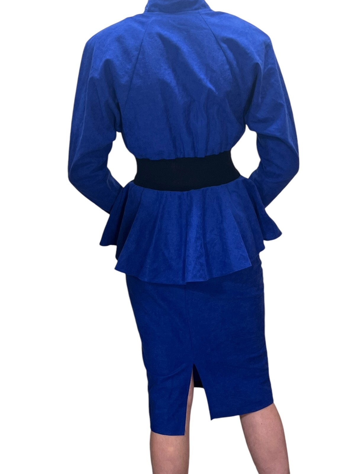 XS~S Vtg 80s Sz 3/4 Blue Velour Dress Peplum Pencil Skirt Dolman Sleeve T Junior