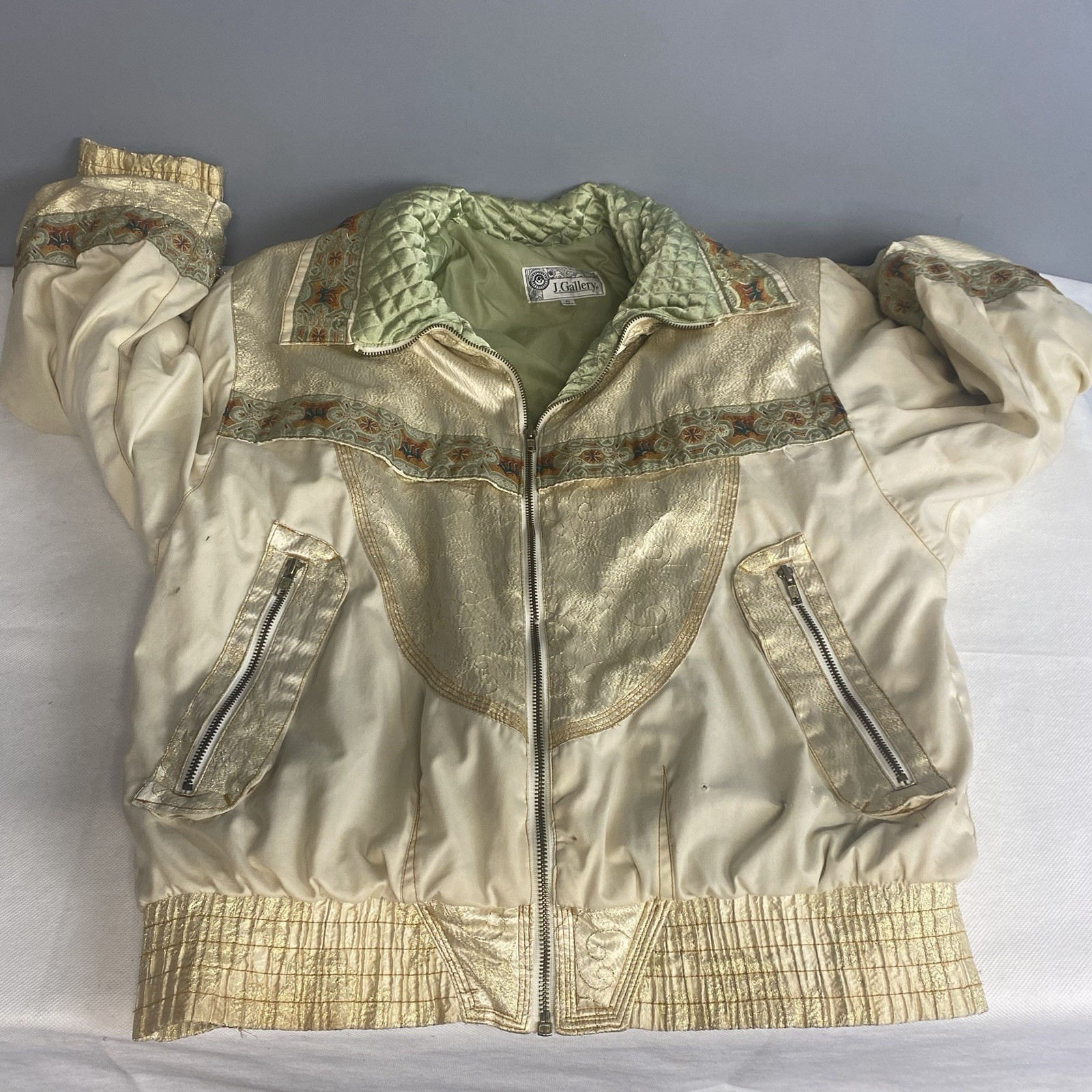 Vtg J. Gallery Puffer Jacket Coat Medium Beige Green Retro Bomber 80s Flaw