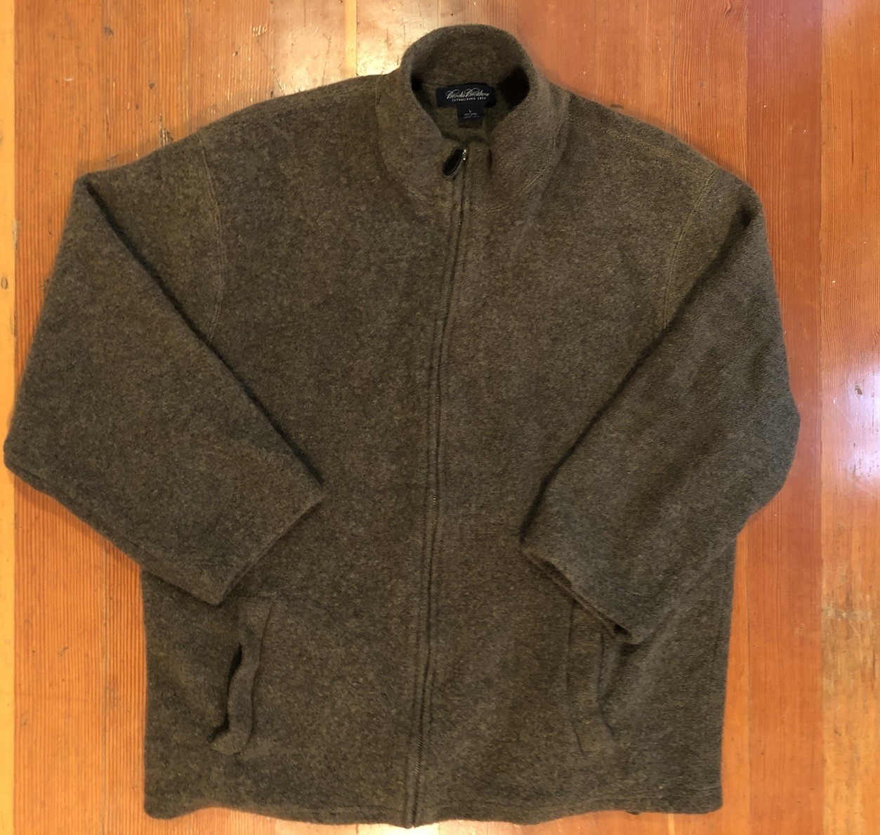 Vtg BROOKS BROTHERS 100% Wool Full Zip Sweater Gray/Green Sz L Made In Hong Kong