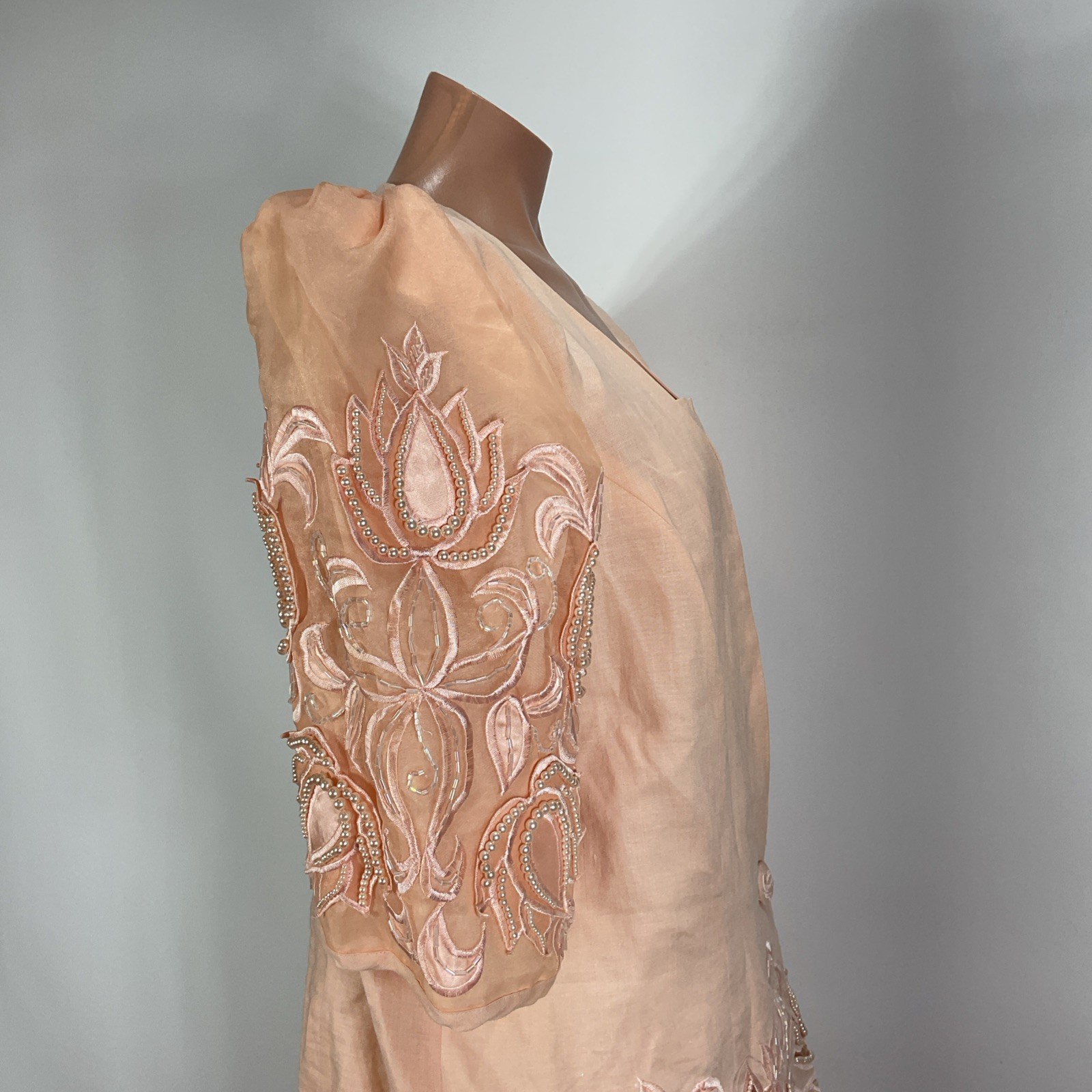 Vintage 80s DAVINCi Pink Suit Puffy Sleeve Suit Jacket Skirt 16X Beaded Linen