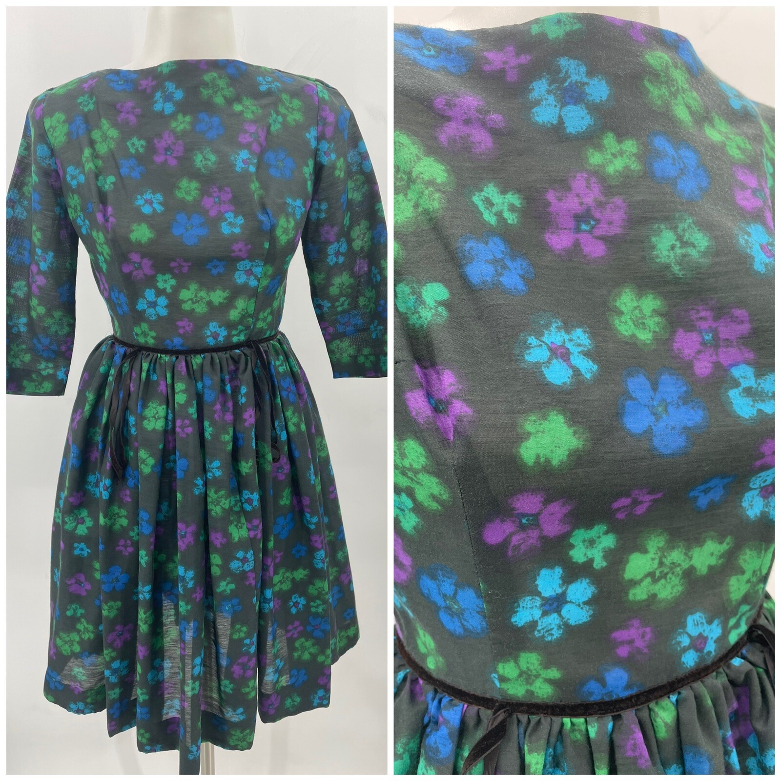 Vintage Mindy Ross Dress Fit and Flare Black Bright Flowers Party MOD Retro