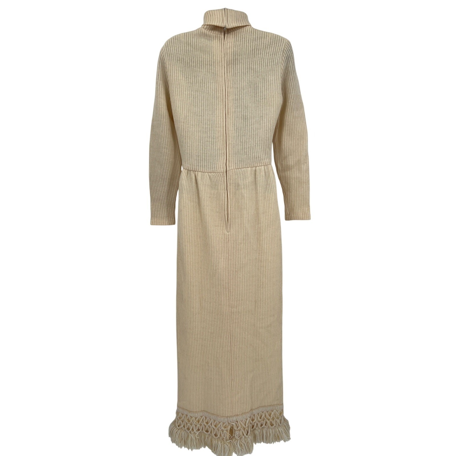 Vintage 70s Knit Dress Miss Continental Hippie Turtleneck Fringe Hem Boho Size S
