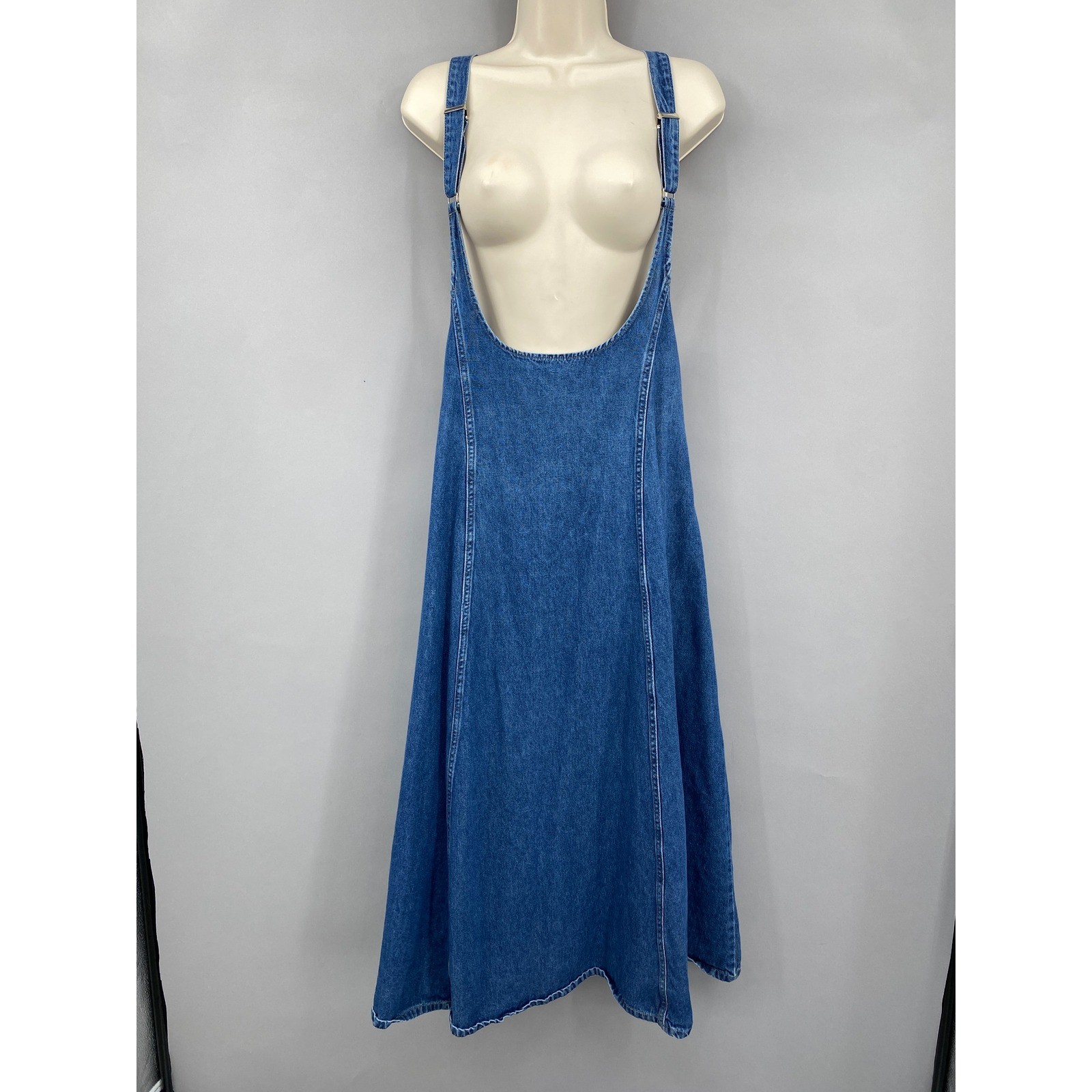 Forenza Denim Pinafore Suspender Skirt Dress Womens 14 Vtg 90s Overall Midi Bibs