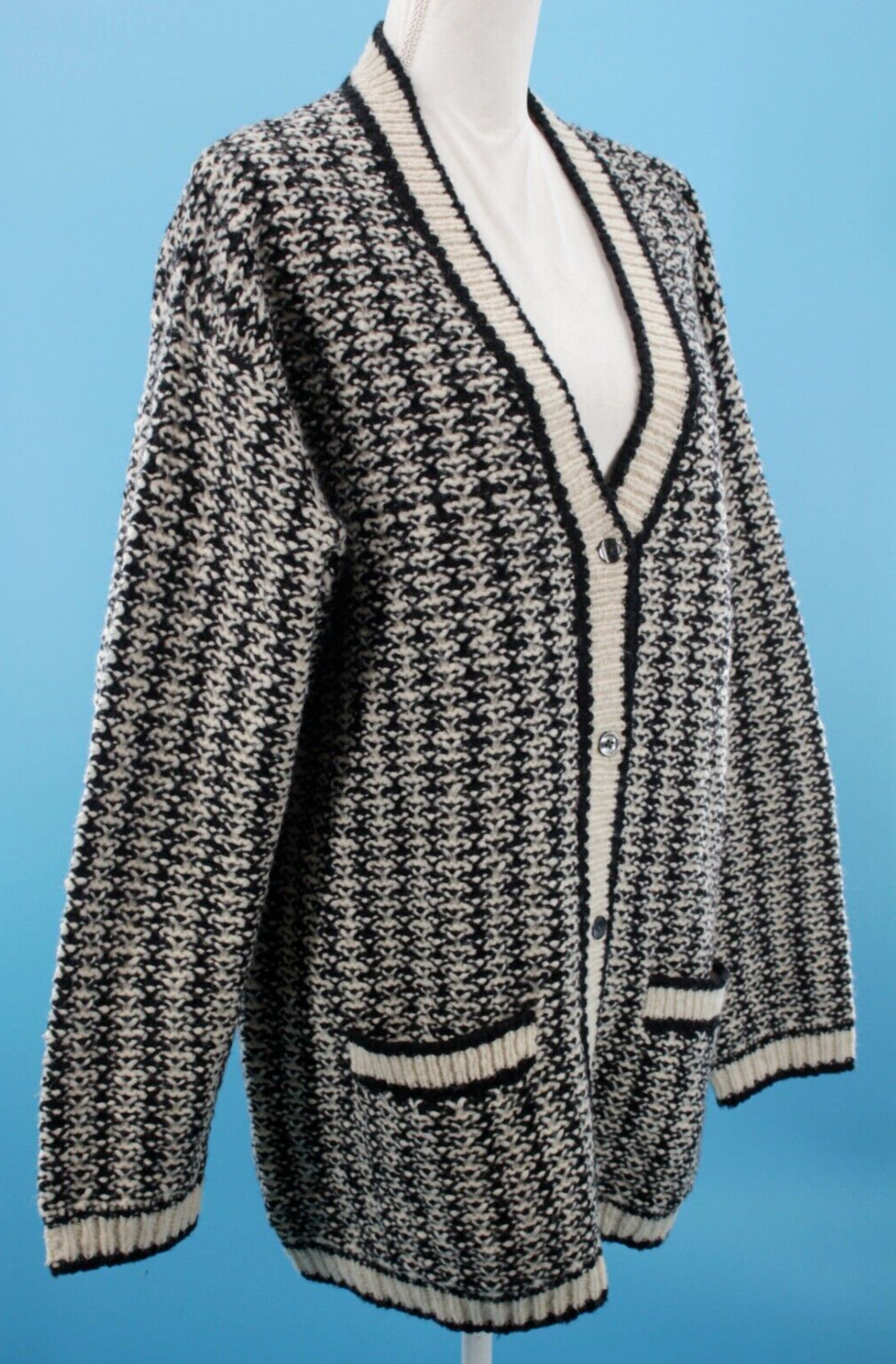 VTG Women’s 90s Black & White Knit DKNY Cardigan Sz L 1990s Donna Karan
