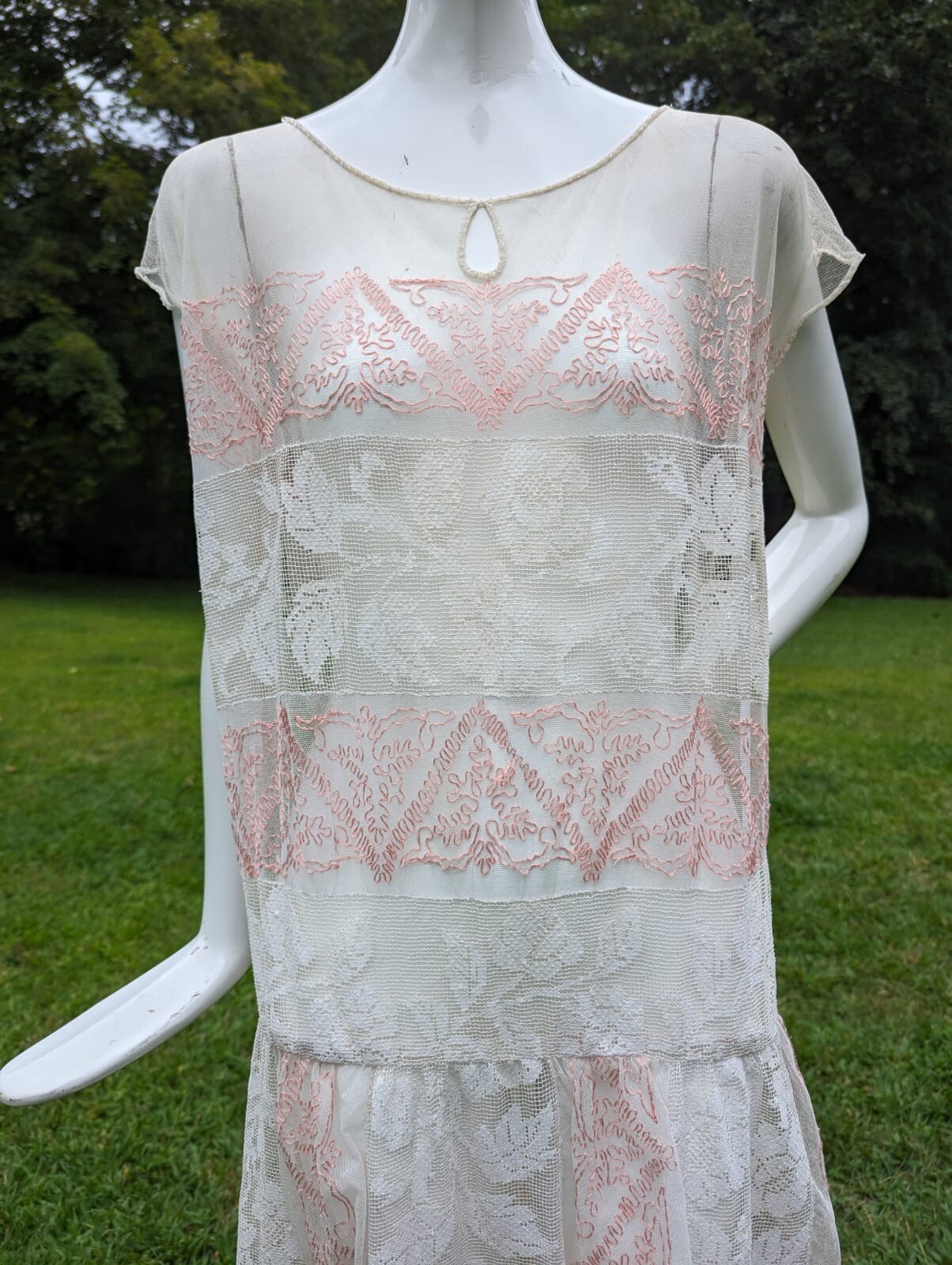 FLAPPER 1920’S SOFTEST NET DRESS W FLORAL LACE + HAND EMBROIDERY
