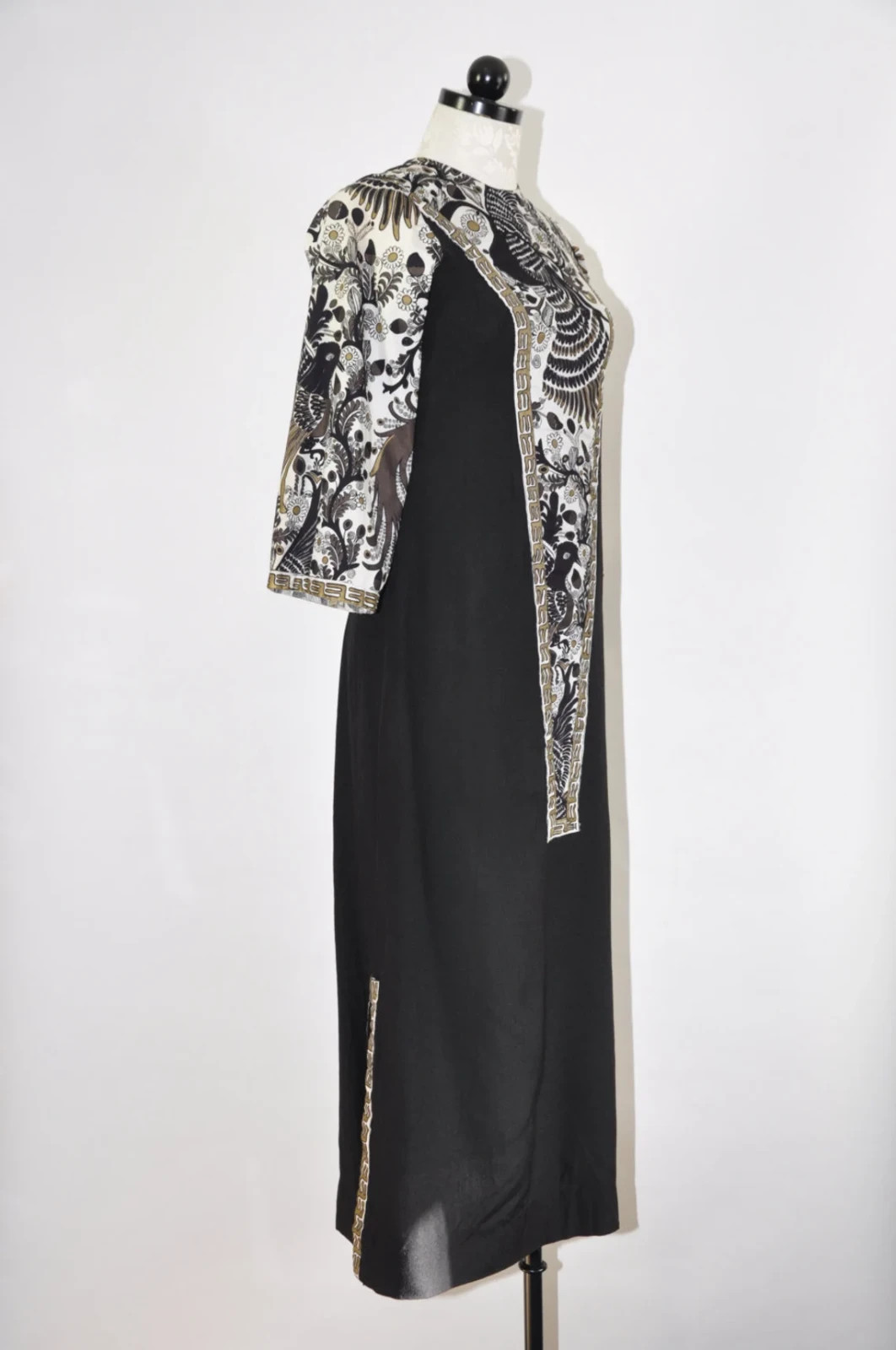 60s Vintage Black Birds Botanical Gold Ethnic Print Folk Kaftan Maxi Dress XS S