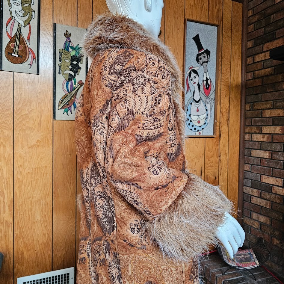 Vtg 90s do 70s Penny Lane Hippie Faux Fur Jacket Shaggy Afghan Tapestry Coat M
