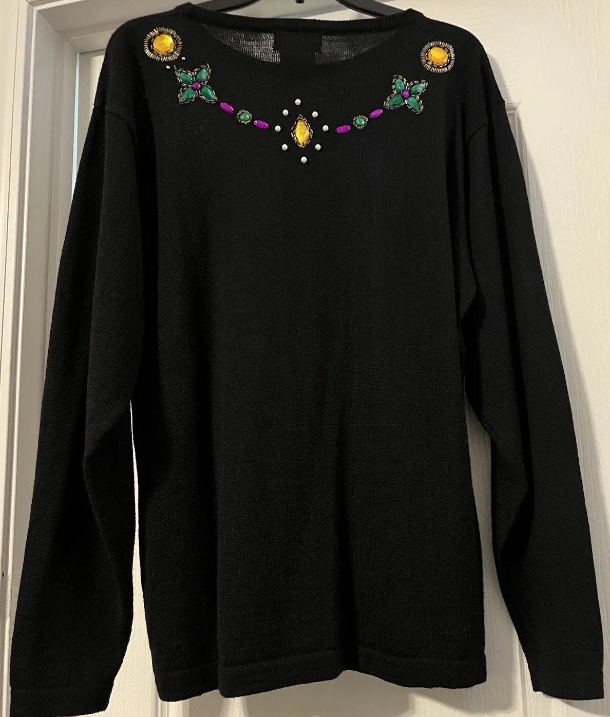 VTG Doncaster Sweater Women LG Black Bedazzled Neckline Wool Blend Castlecore