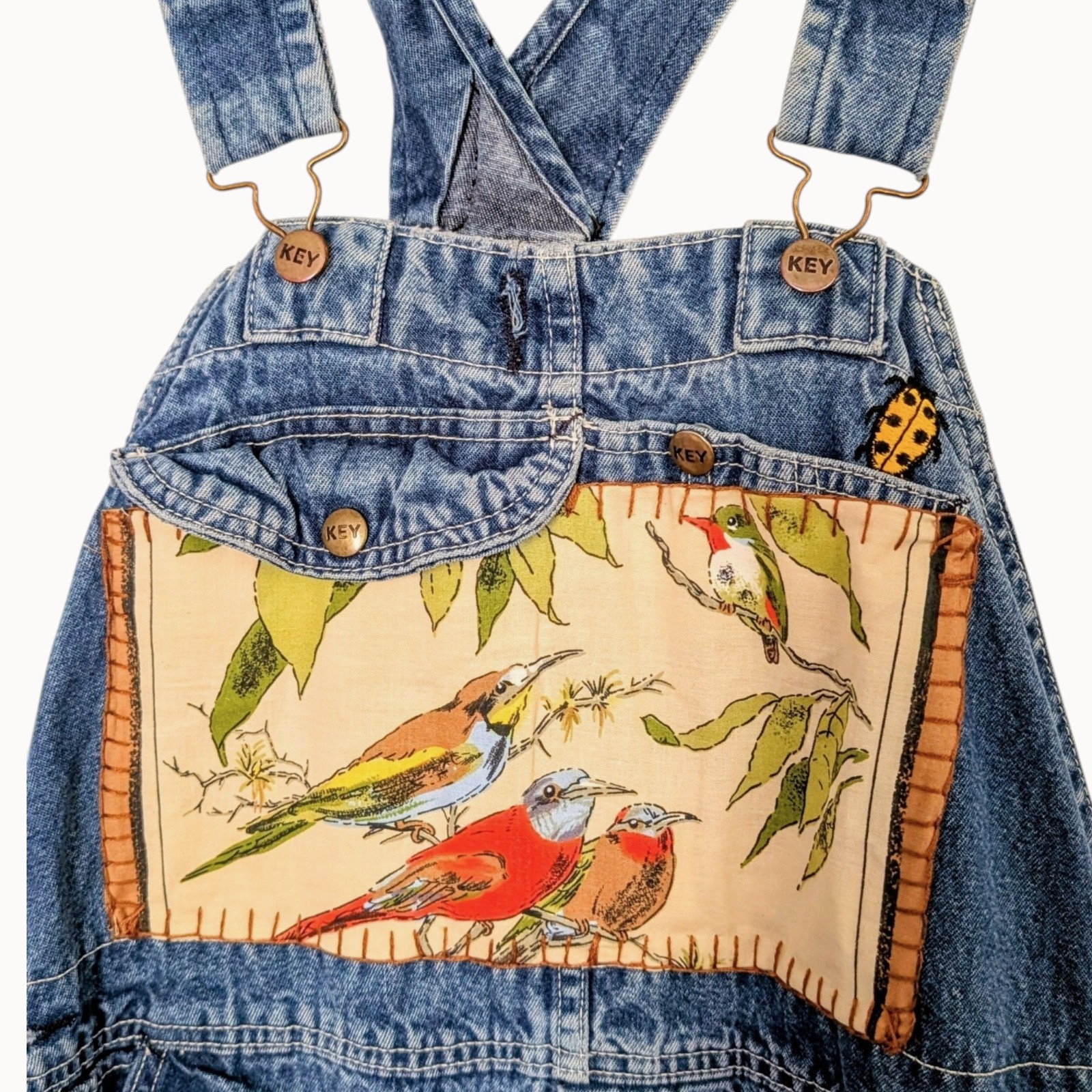 VTG 90s Key reworked birds botanical patchwork fairy cottage grunge overalls M/L