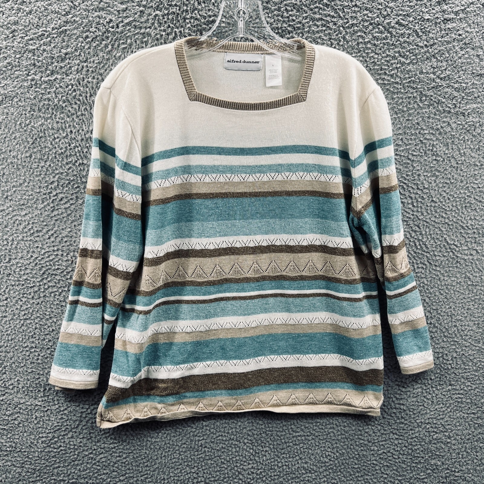 Vintage Women Knit Pullover Sweater L Geometric Stripe Coastal Minimalist Casual