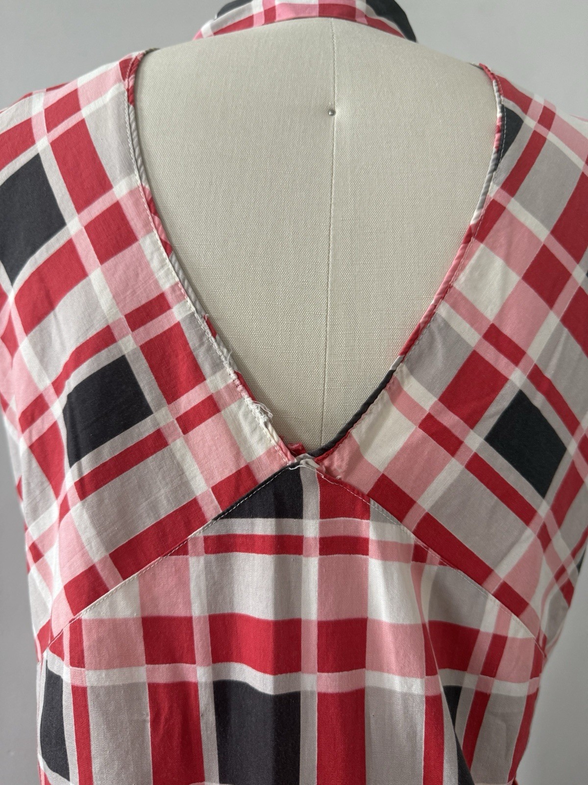 30s Glazed Cotton Plaid Pointed Collar 1/4 Zip Halter Dress Midi Sportswear S/M